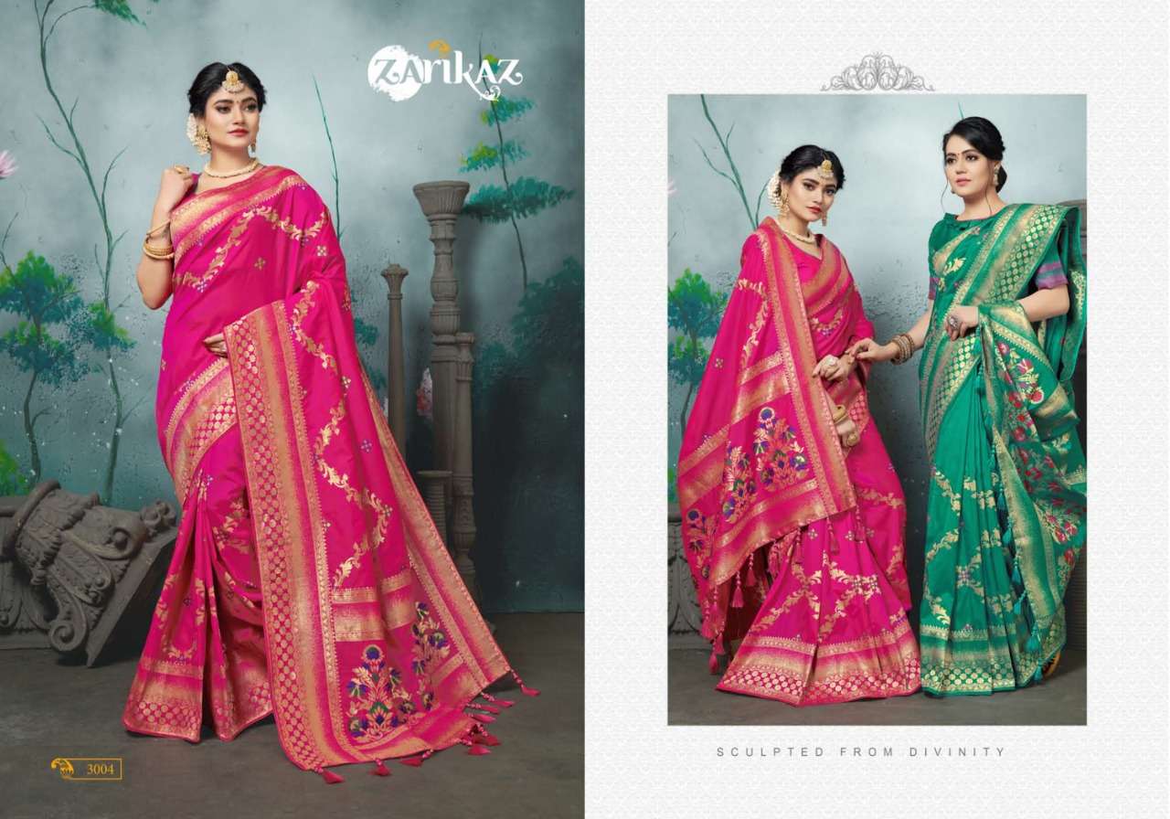 PIHUU VOL-3 BY ZARIKAZ 3001 TO 3006 SERIES INDIAN TRADITIONAL WEAR COLLECTION BEAUTIFUL STYLISH FANCY COLORFUL PARTY WEAR & OCCASIONAL WEAR BANARASI SILK WEAVING SAREES AT WHOLESALE PRICE