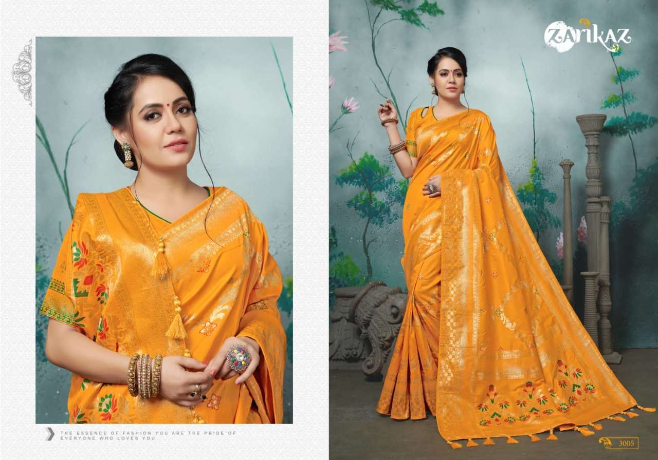 PIHUU VOL-3 BY ZARIKAZ 3001 TO 3006 SERIES INDIAN TRADITIONAL WEAR COLLECTION BEAUTIFUL STYLISH FANCY COLORFUL PARTY WEAR & OCCASIONAL WEAR BANARASI SILK WEAVING SAREES AT WHOLESALE PRICE