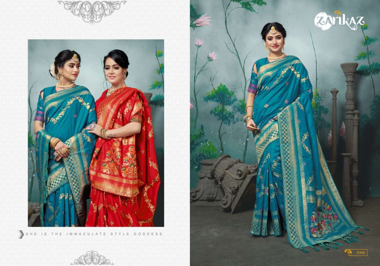 PIHUU VOL-3 BY ZARIKAZ 3001 TO 3006 SERIES INDIAN TRADITIONAL WEAR COLLECTION BEAUTIFUL STYLISH FANCY COLORFUL PARTY WEAR & OCCASIONAL WEAR BANARASI SILK WEAVING SAREES AT WHOLESALE PRICE