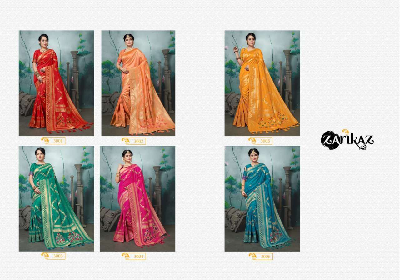 PIHUU VOL-3 BY ZARIKAZ 3001 TO 3006 SERIES INDIAN TRADITIONAL WEAR COLLECTION BEAUTIFUL STYLISH FANCY COLORFUL PARTY WEAR & OCCASIONAL WEAR BANARASI SILK WEAVING SAREES AT WHOLESALE PRICE