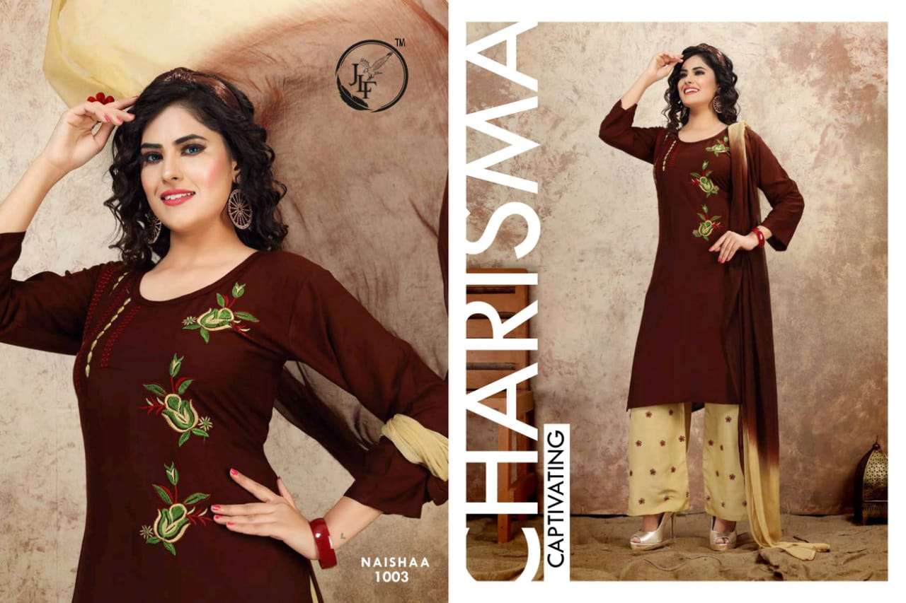NAISHAA BY JLF 1001 TO 1005 SERIES DESIGNER SUITS BEAUTIFUL FANCY COLORFUL STYLISH PARTY WEAR & OCCASIONAL WEAR RAYON WITH WORK DRESSES AT WHOLESALE PRICE