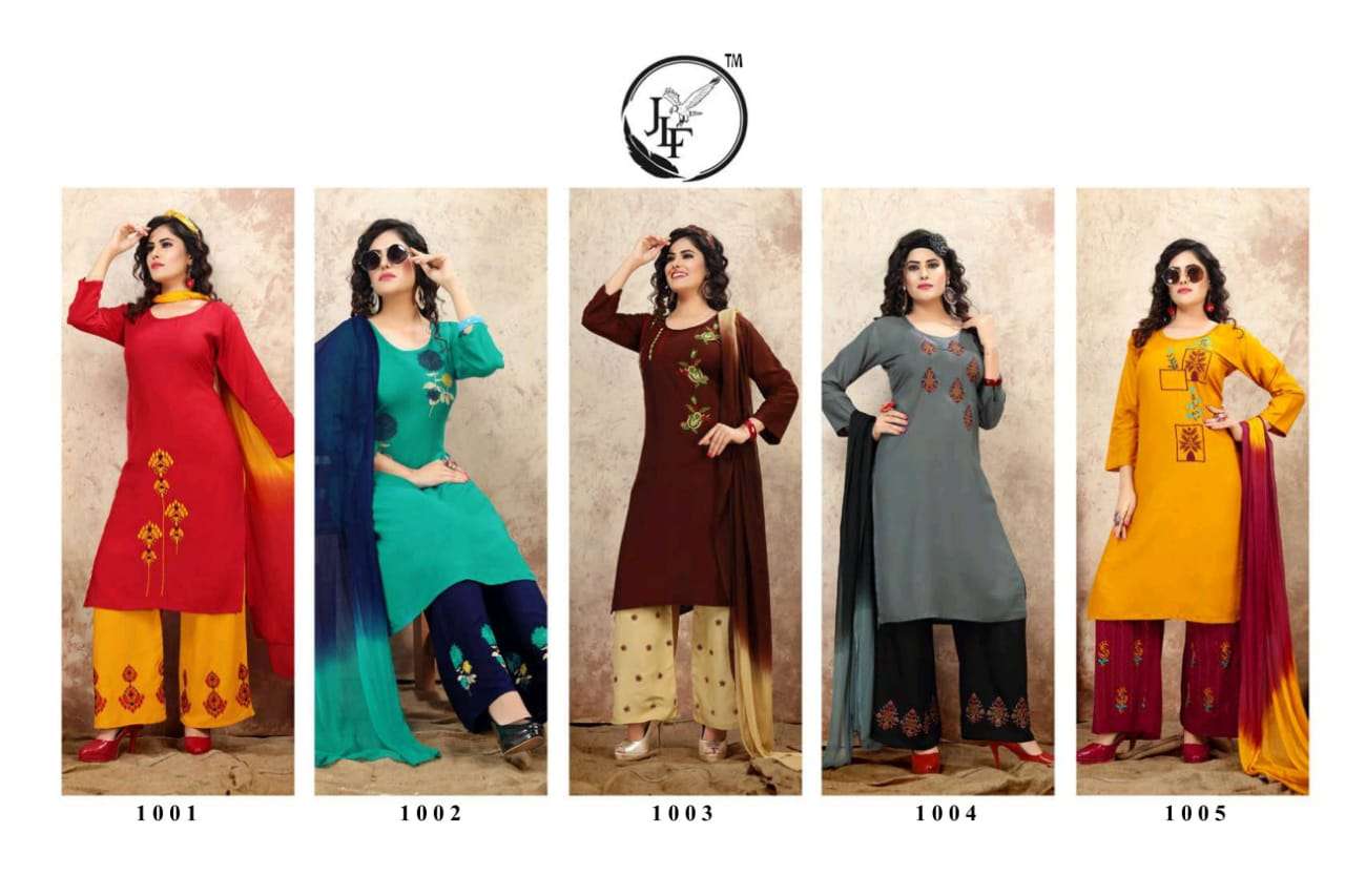 NAISHAA BY JLF 1001 TO 1005 SERIES DESIGNER SUITS BEAUTIFUL FANCY COLORFUL STYLISH PARTY WEAR & OCCASIONAL WEAR RAYON WITH WORK DRESSES AT WHOLESALE PRICE