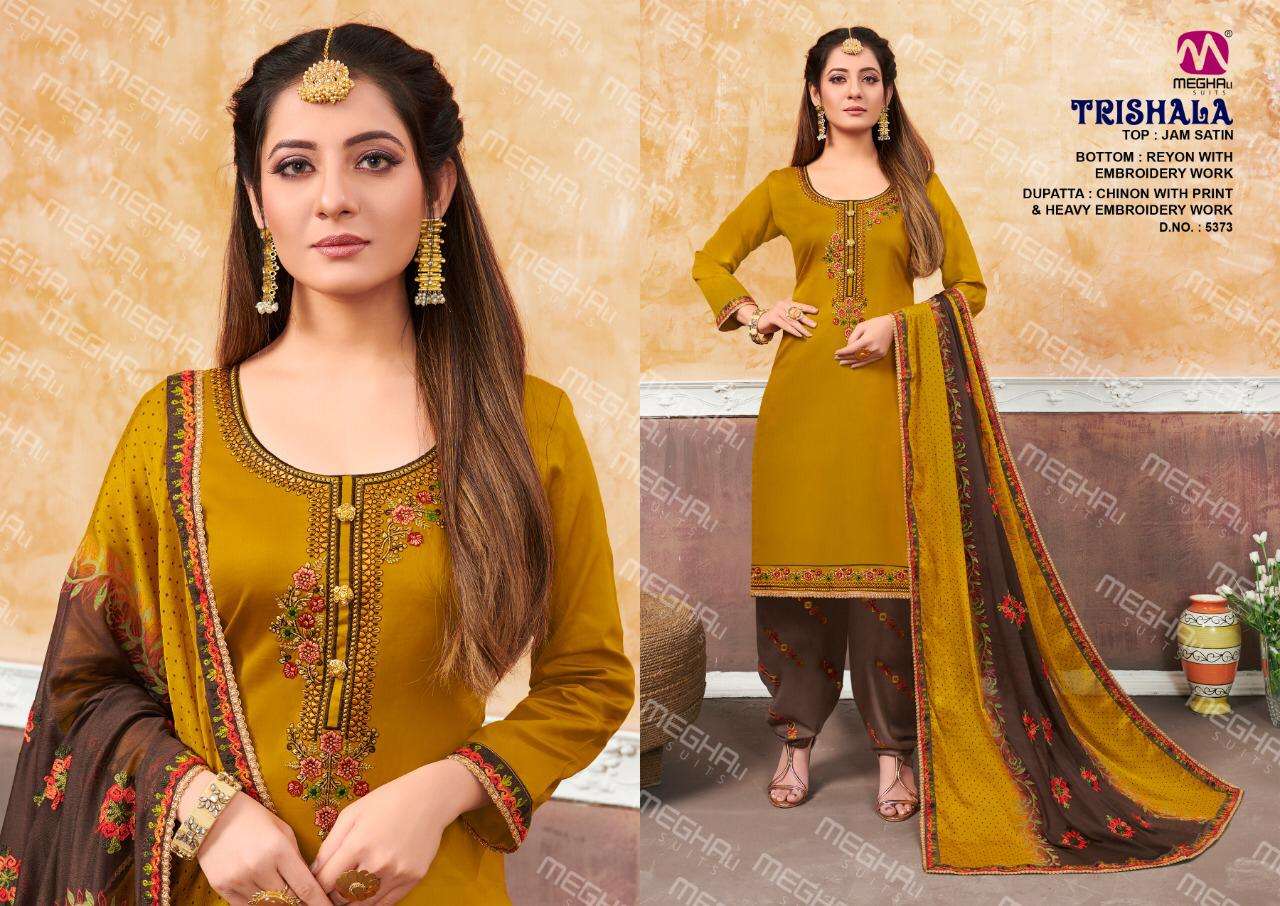 TRISHALA BY MEGHALI SUITS 5373 TO 5376 SERIES BEAUTIFUL SUITS COLORFUL STYLISH FANCY CASUAL WEAR & ETHNIC WEAR JAM SATIN EMBROIDERED DRESSES AT WHOLESALE PRICE