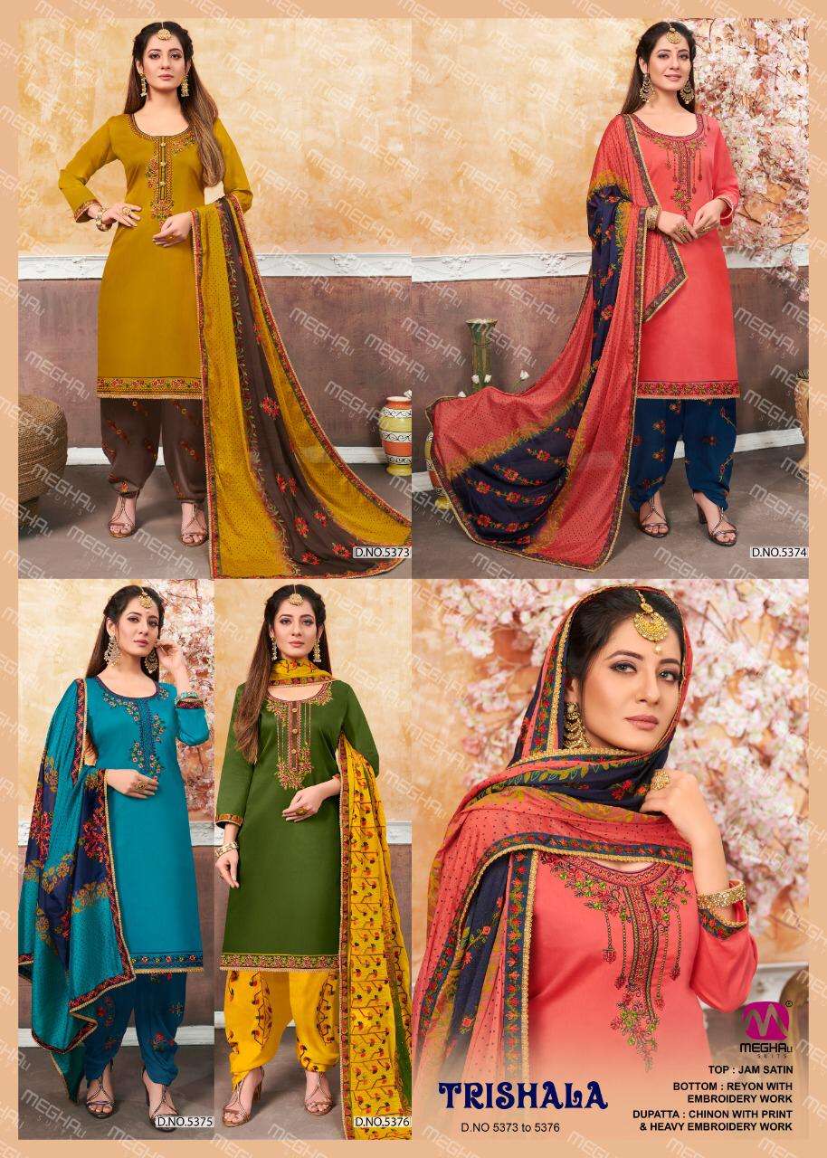 TRISHALA BY MEGHALI SUITS 5373 TO 5376 SERIES BEAUTIFUL SUITS COLORFUL STYLISH FANCY CASUAL WEAR & ETHNIC WEAR JAM SATIN EMBROIDERED DRESSES AT WHOLESALE PRICE