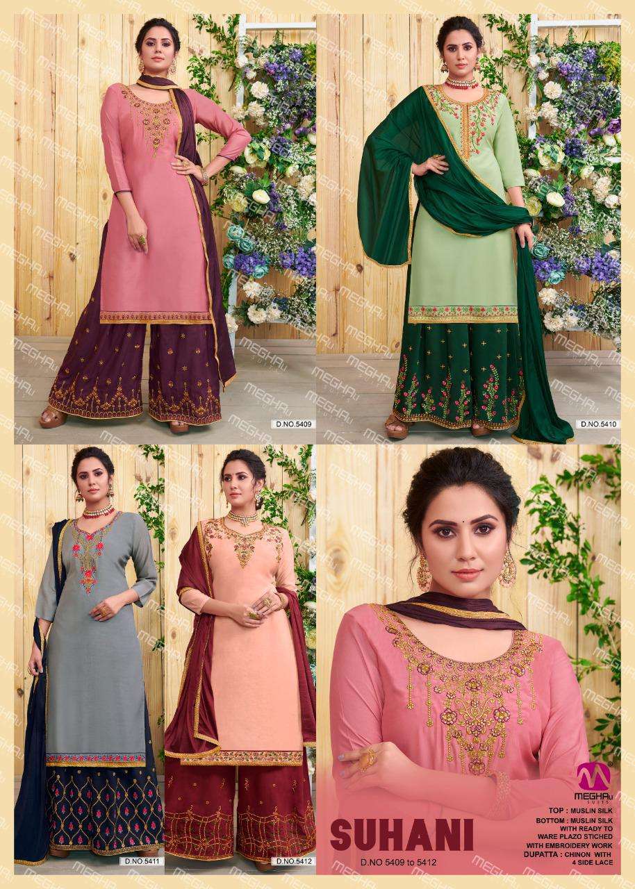 SUHANI BY MEGHALI SUITS 5409 TO 5412 SERIES BEAUTIFUL SUITS COLORFUL STYLISH FANCY CASUAL WEAR & ETHNIC WEAR MUSLIN SILK DRESSES AT WHOLESALE PRICE