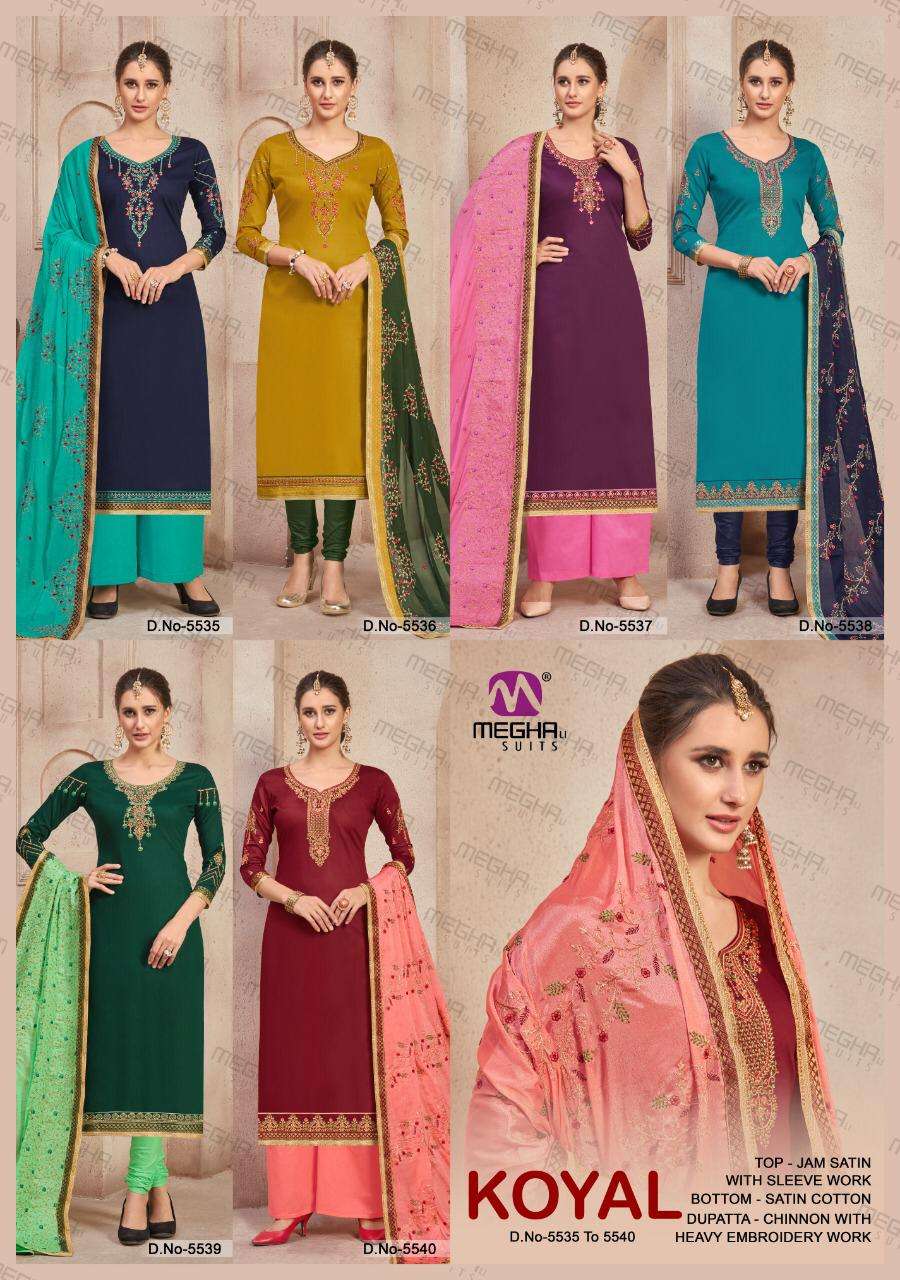 KOYAL BY MEGHALI SUITS 5535 TO 5540 SERIES BEAUTIFUL SUITS COLORFUL STYLISH FANCY CASUAL WEAR & ETHNIC WEAR JAM SATIN WITH EMBROIDERED DRESSES AT WHOLESALE PRICE