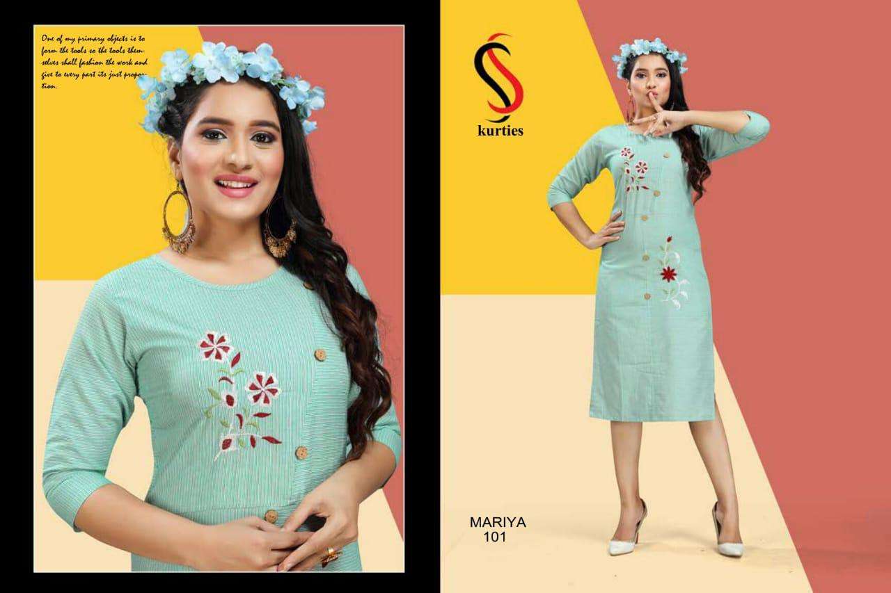 MARIYA BY S S KURTIS 101 TO 110 SERIES DESIGNER BEAUTIFUL STYLISH FANCY COLORFUL PARTY WEAR & ETHNIC WEAR & READY TO WEAR HANDLOOM COTTON KURTIS AT WHOLESALE PRICE