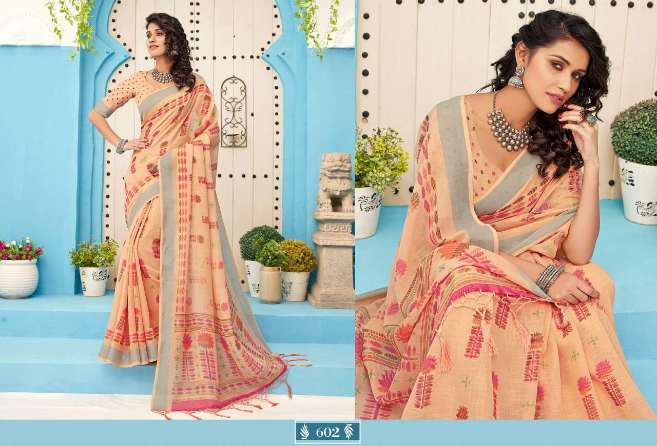 ANUPAMA BY STYLEWELL 601 TO 608 SERIES INDIAN TRADITIONAL WEAR COLLECTION BEAUTIFUL STYLISH FANCY COLORFUL PARTY WEAR & OCCASIONAL WEAR LINEN COTTON SAREES AT WHOLESALE PRICE