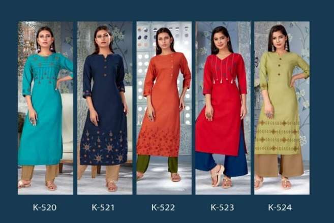 MEHAR BY SNAPSTYLE 520 TO 524 SERIES BEAUTIFUL STYLISH COLORFUL FANCY PARTY WEAR & ETHNIC WEAR & READY TO WEAR COTTON FLEX EMBROIDERED KURTIS AT WHOLESALE PRICE
