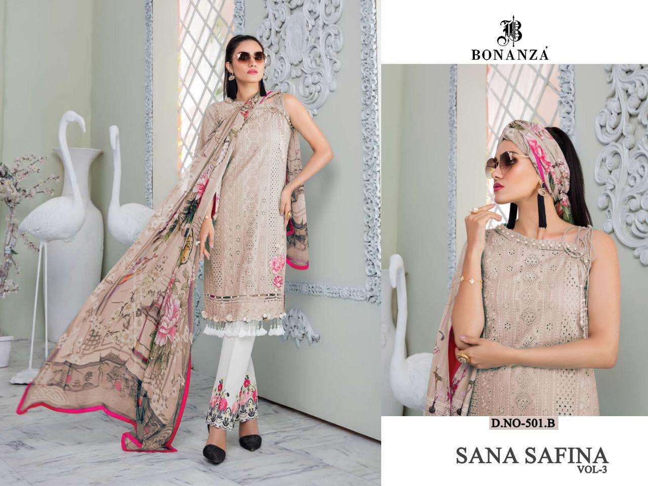 SANA SAFINA VOL-3 BY BONANZA 501-A TO 501-D SERIES BEAUTIFUL PAKISTANI SUITS COLORFUL STYLISH FANCY CASUAL WEAR & ETHNIC WEAR LAWN COTTON EMBROIDERY DRESSES AT WHOLESALE PRICE