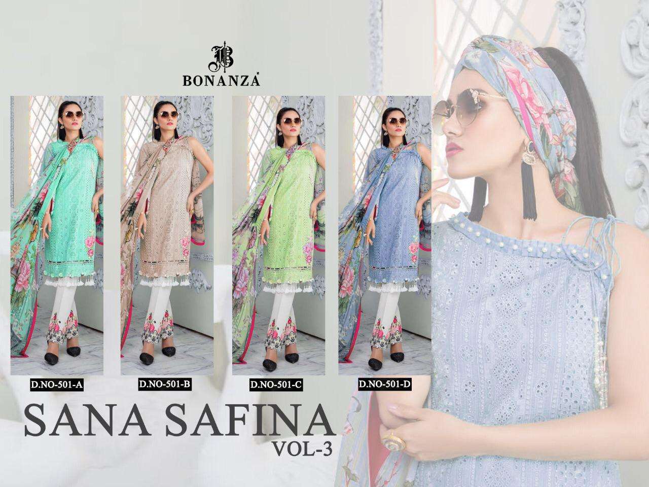 SANA SAFINA VOL-3 BY BONANZA 501-A TO 501-D SERIES BEAUTIFUL PAKISTANI SUITS COLORFUL STYLISH FANCY CASUAL WEAR & ETHNIC WEAR LAWN COTTON EMBROIDERY DRESSES AT WHOLESALE PRICE