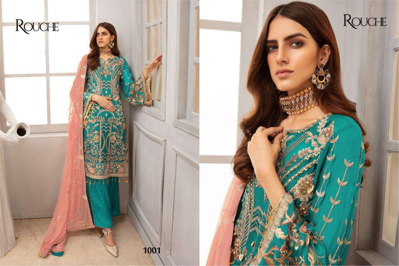 EMAAN ADEEL VOL-1 BY ROUCHE 1001 TO 1004 SERIES DESIGNER PAKISTANI SUITS BEAUTIFUL STYLISH FANCY COLORFUL PARTY WEAR & OCCASIONAL WEAR HEAVY FAUX GEORGETTE EMBROIDERY DRESSES AT WHOLESALE PRICE