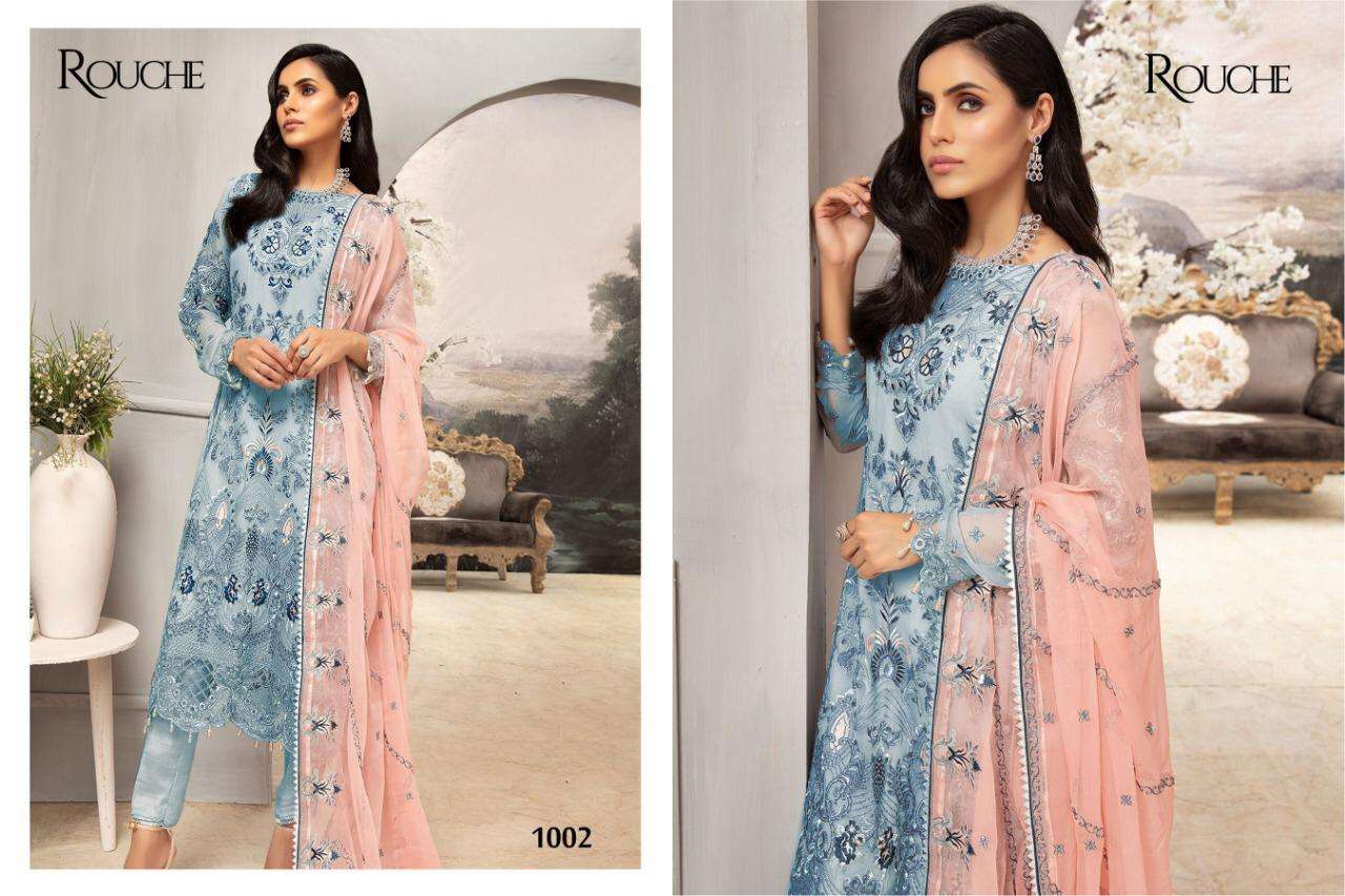 EMAAN ADEEL VOL-1 BY ROUCHE 1001 TO 1004 SERIES DESIGNER PAKISTANI SUITS BEAUTIFUL STYLISH FANCY COLORFUL PARTY WEAR & OCCASIONAL WEAR HEAVY FAUX GEORGETTE EMBROIDERY DRESSES AT WHOLESALE PRICE