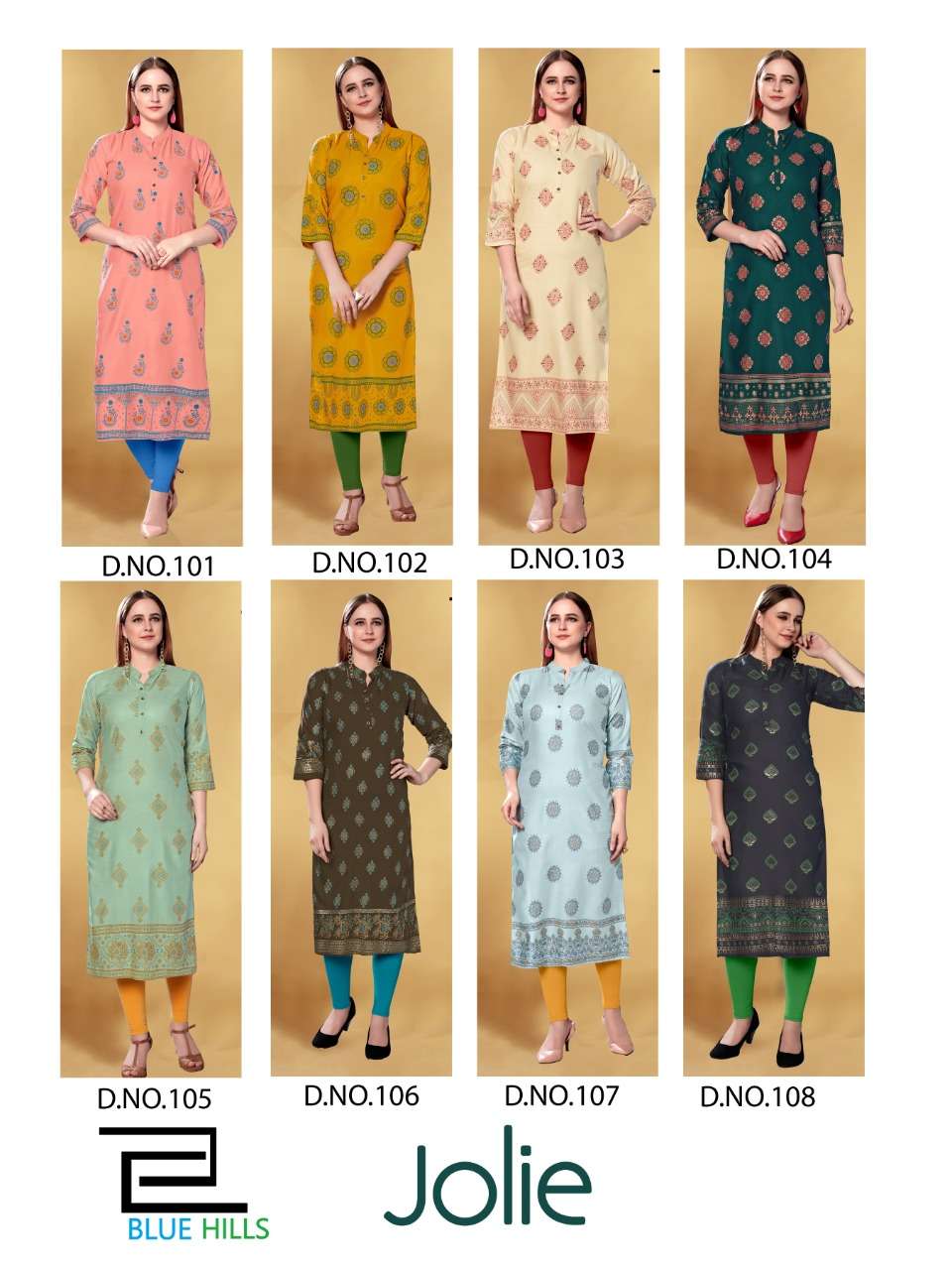 JOLIE BY BLUE HILLS 101 TO 108 SERIES BEAUTIFUL STYLISH FANCY COLORFUL CASUAL WEAR & ETHNIC WEAR & READY TO WEAR 14 KG RAYON FOIL PRINTED KURTIS AT WHOLESALE PRICE