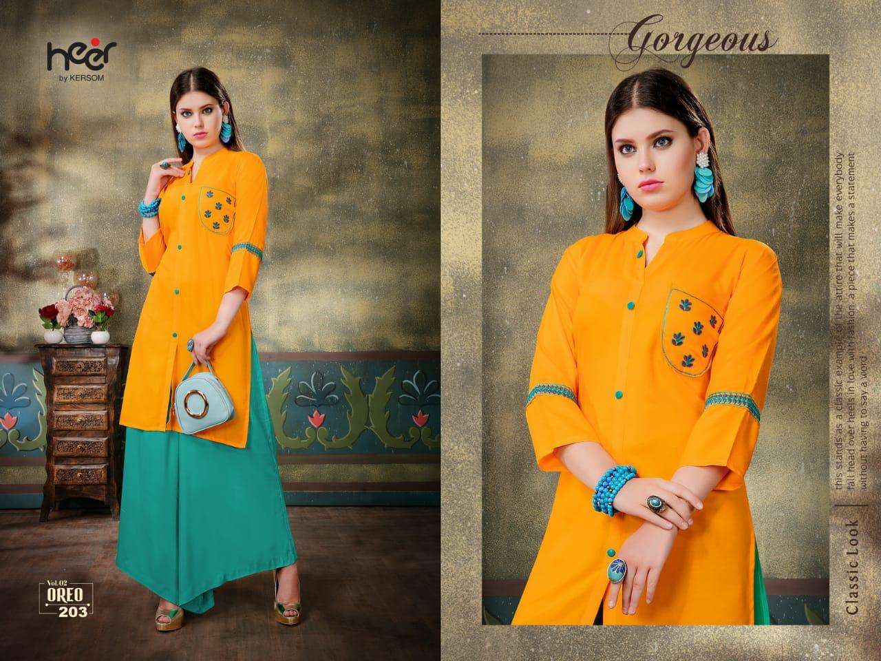 OREO VOL-2 BY HEER 201 TO 210 SERIES BEAUTIFUL STYLISH FANCY COLORFUL CASUAL WEAR & ETHNIC WEAR & READY TO WEAR HEAVY RAYON PRINTED KURTIS AT WHOLESALE PRICE