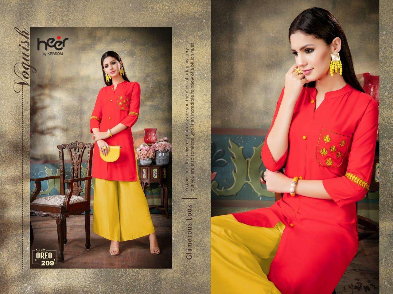 OREO VOL-2 BY HEER 201 TO 210 SERIES BEAUTIFUL STYLISH FANCY COLORFUL CASUAL WEAR & ETHNIC WEAR & READY TO WEAR HEAVY RAYON PRINTED KURTIS AT WHOLESALE PRICE