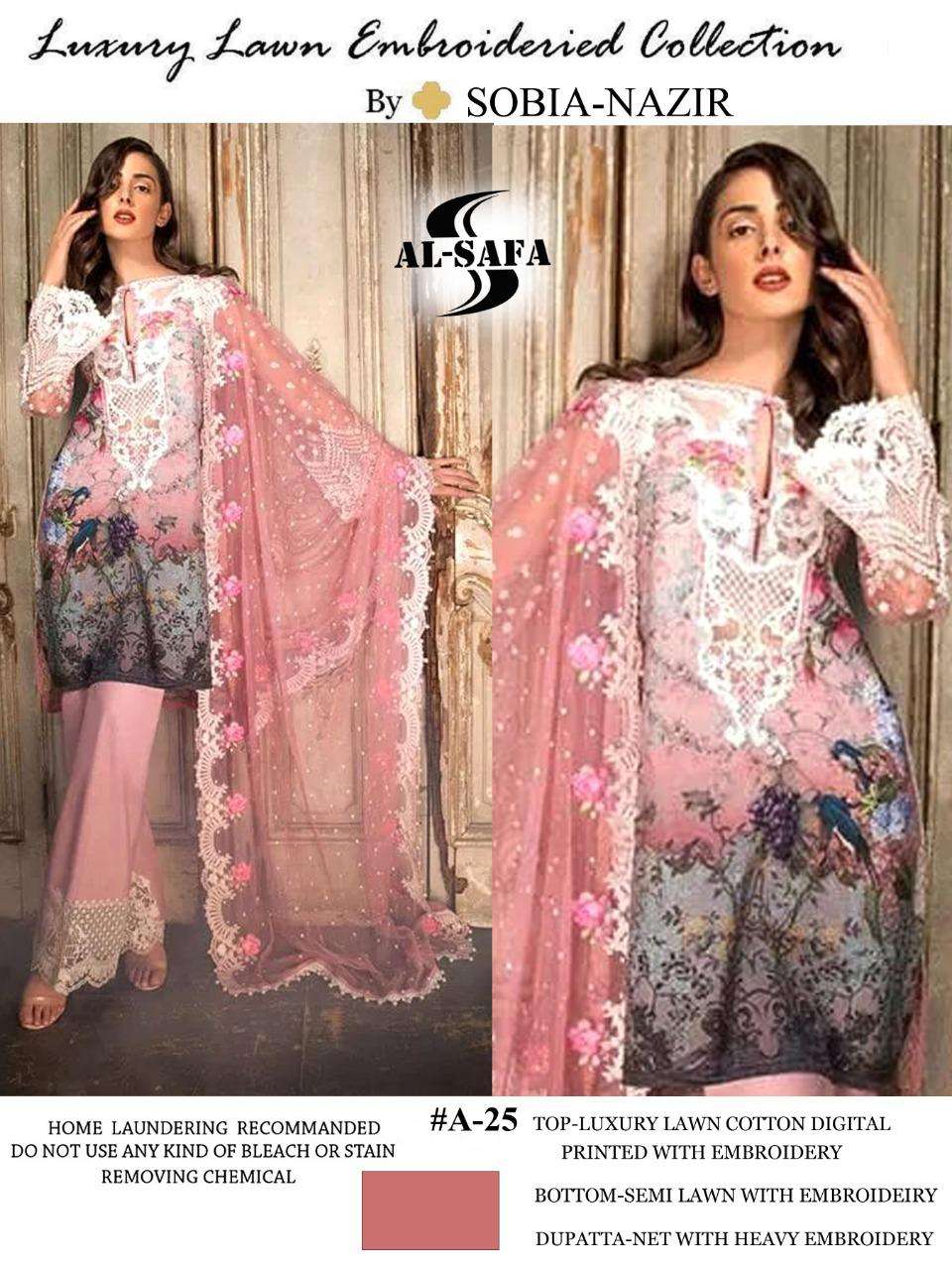 SOBIA NAZIR HIT DESIGN A-25 BY AL-SAFA PAKISTANI SUITS COLLECTION BEAUTIFUL STYLISH FANCY COLORFUL PARTY WEAR & OCCASIONAL WEAR LUXURY LAWN COTTON PRINT WITH EMBROIDERY DRESSES AT WHOLESALE PRICE