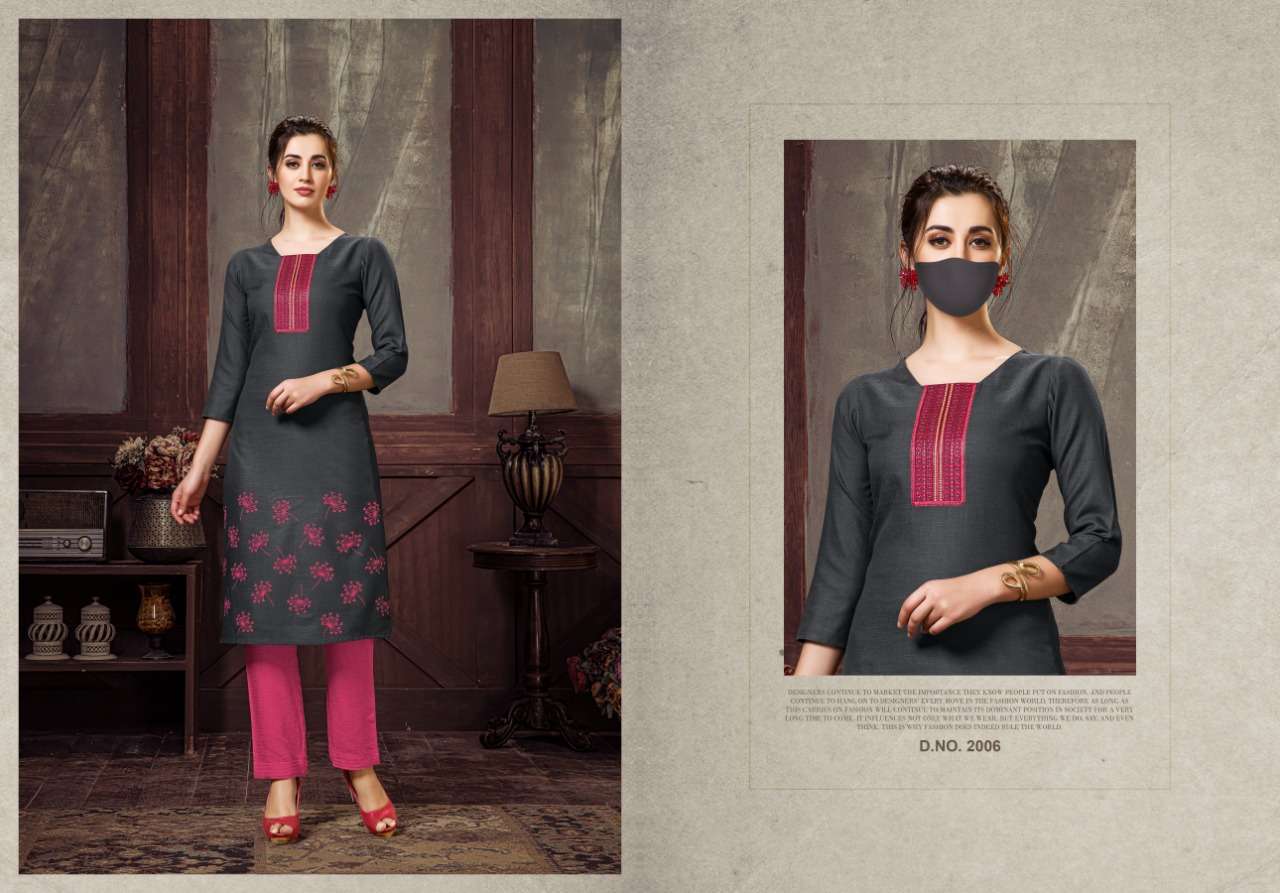 CHINGARI VOL-2 BY NITISHA NX 2001 TO 2006 SERIES BEAUTIFUL STYLISH FANCY COLORFUL CASUAL WEAR & ETHNIC WEAR & READY TO WEAR HEAVY SOFT COTTON SLUB EMBROIDERED KURTIS WITH MASK AT WHOLESALE PRICE