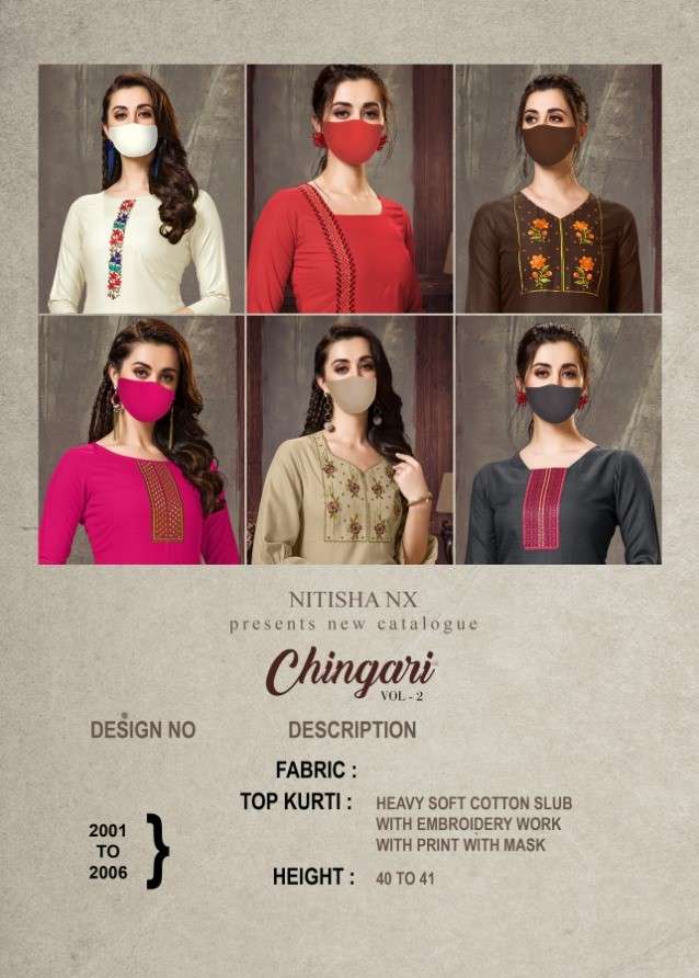 CHINGARI VOL-2 BY NITISHA NX 2001 TO 2006 SERIES BEAUTIFUL STYLISH FANCY COLORFUL CASUAL WEAR & ETHNIC WEAR & READY TO WEAR HEAVY SOFT COTTON SLUB EMBROIDERED KURTIS WITH MASK AT WHOLESALE PRICE