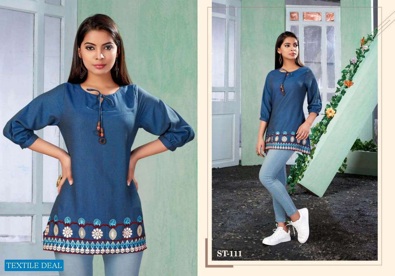 TOP-UP BY SNAPSTYLE STYLISH FANCY BEAUTIFUL COLORFUL CASUAL WEAR & ETHNIC WEAR RAYON DENIM EMBROIDERED KURTIS AT WHOLESALE PRICE