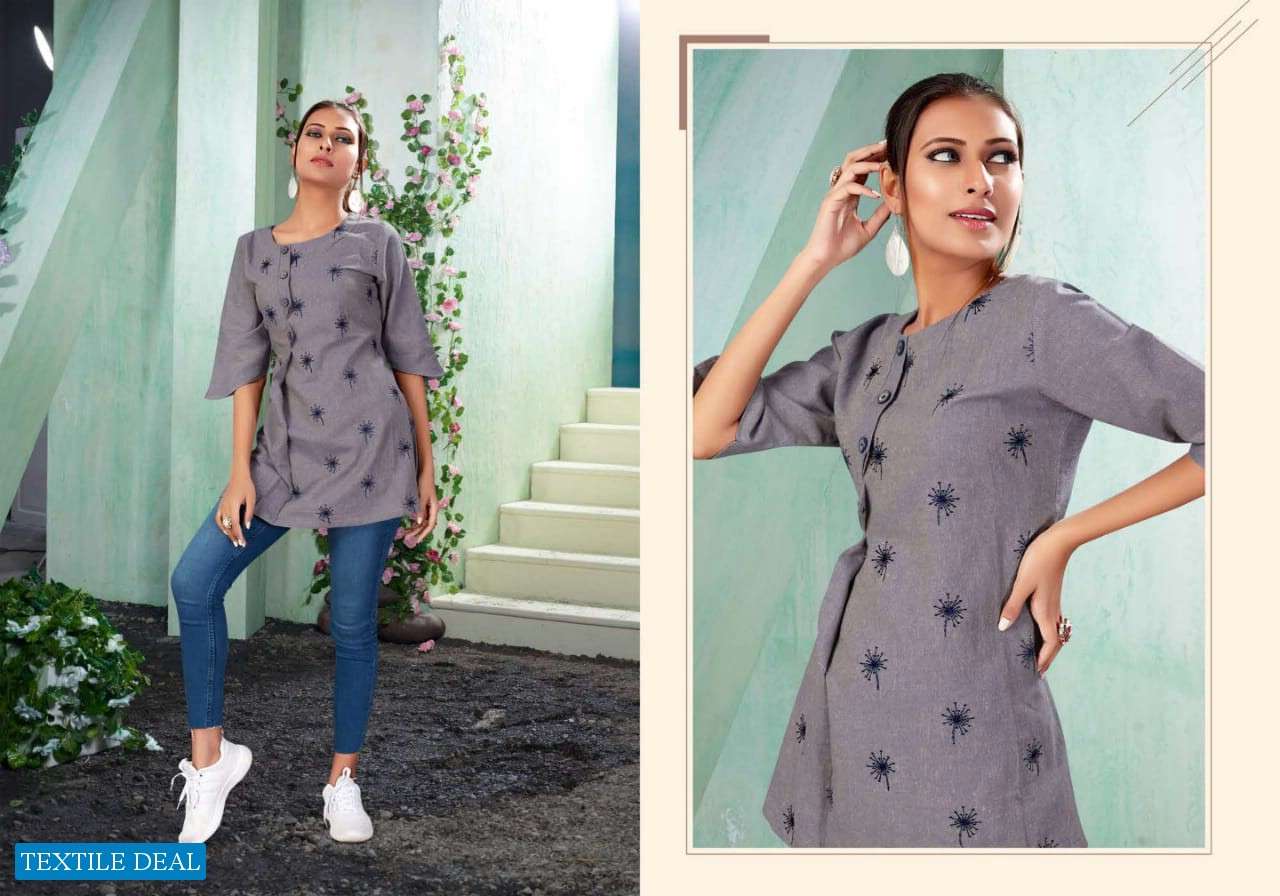 TOP-UP BY SNAPSTYLE STYLISH FANCY BEAUTIFUL COLORFUL CASUAL WEAR & ETHNIC WEAR RAYON DENIM EMBROIDERED KURTIS AT WHOLESALE PRICE
