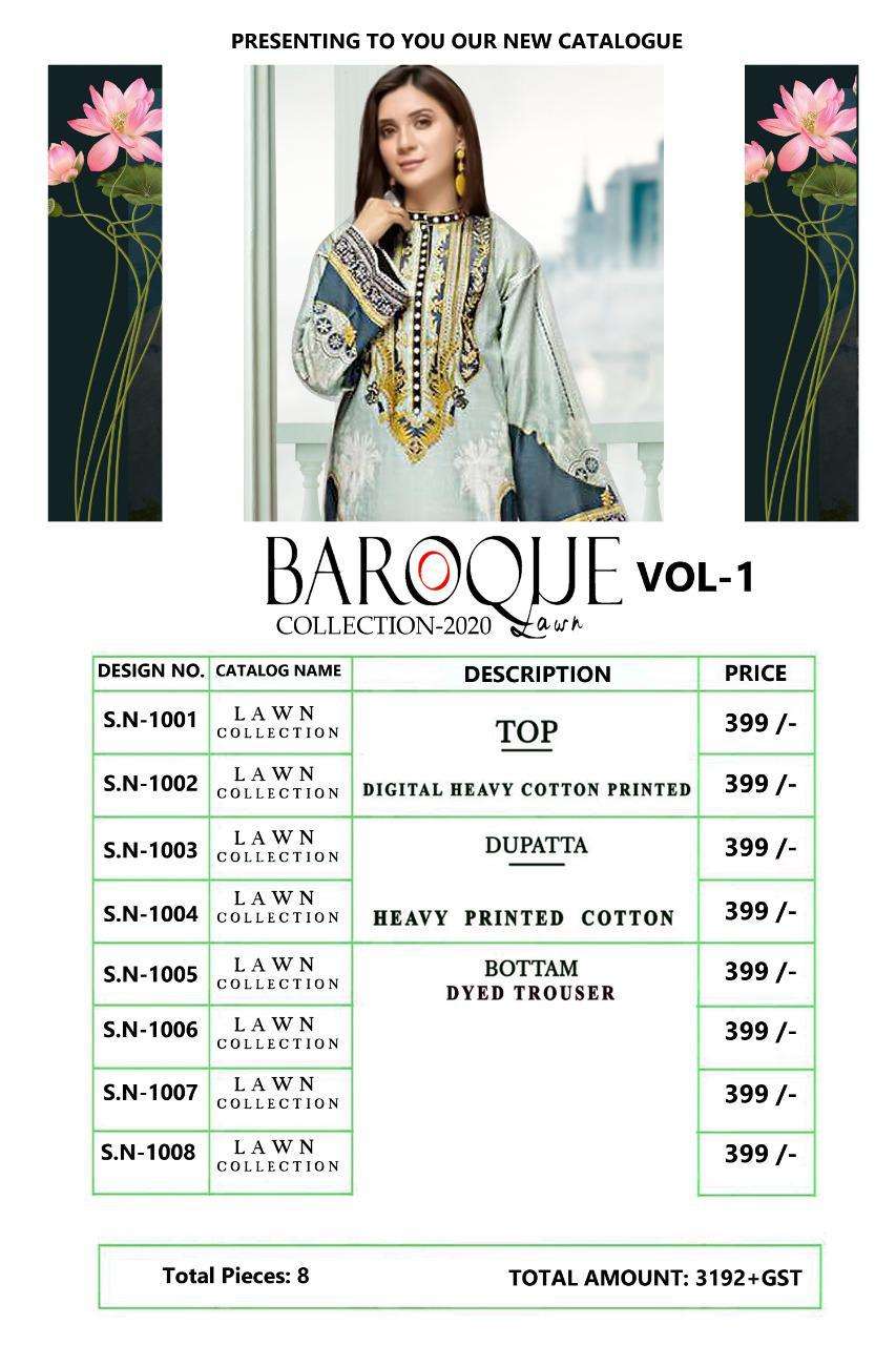 BAROQUE LAWN COLLECTION-2020 BY FASHID WHOLESALE 1001 TO 1008 SERIES DESIGNER SUITS STYLISH DESIGNER COLORFUL FANCY BEAUTIFUL PARTY WEAR & ETHNIC WEAR PURE CAMBRIC LAWN DRESSES AT WHOLESALE PRICE