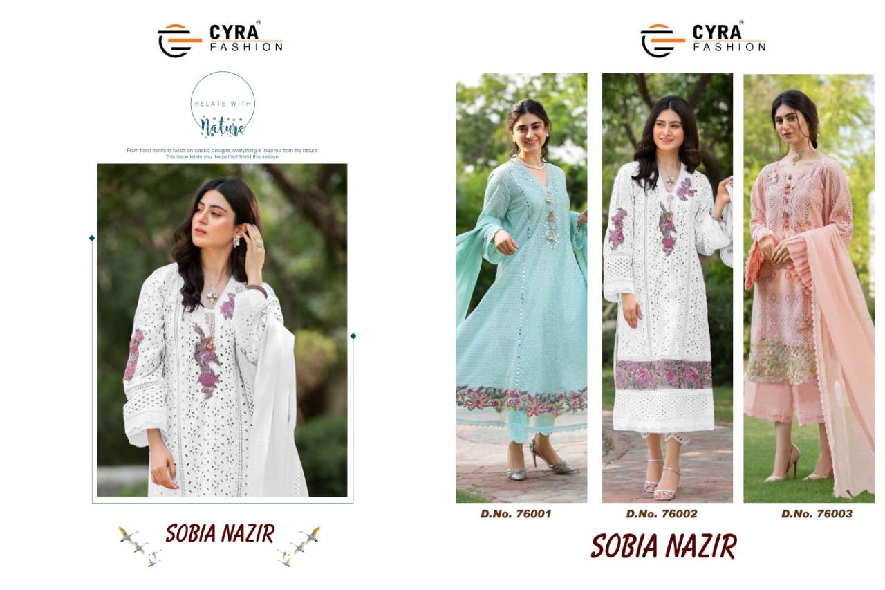 SOBIA NAZIR BY CYRA FASHION 76001 TO 76003 SERIES BEAUTIFUL WINTER COLLECTION SUITS STYLISH FANCY COLORFUL CASUAL WEAR & ETHNIC WEAR PURE JAM COTTON WITH CHICKEN EMBROIDERY DRESSES AT WHOLESALE PRICE