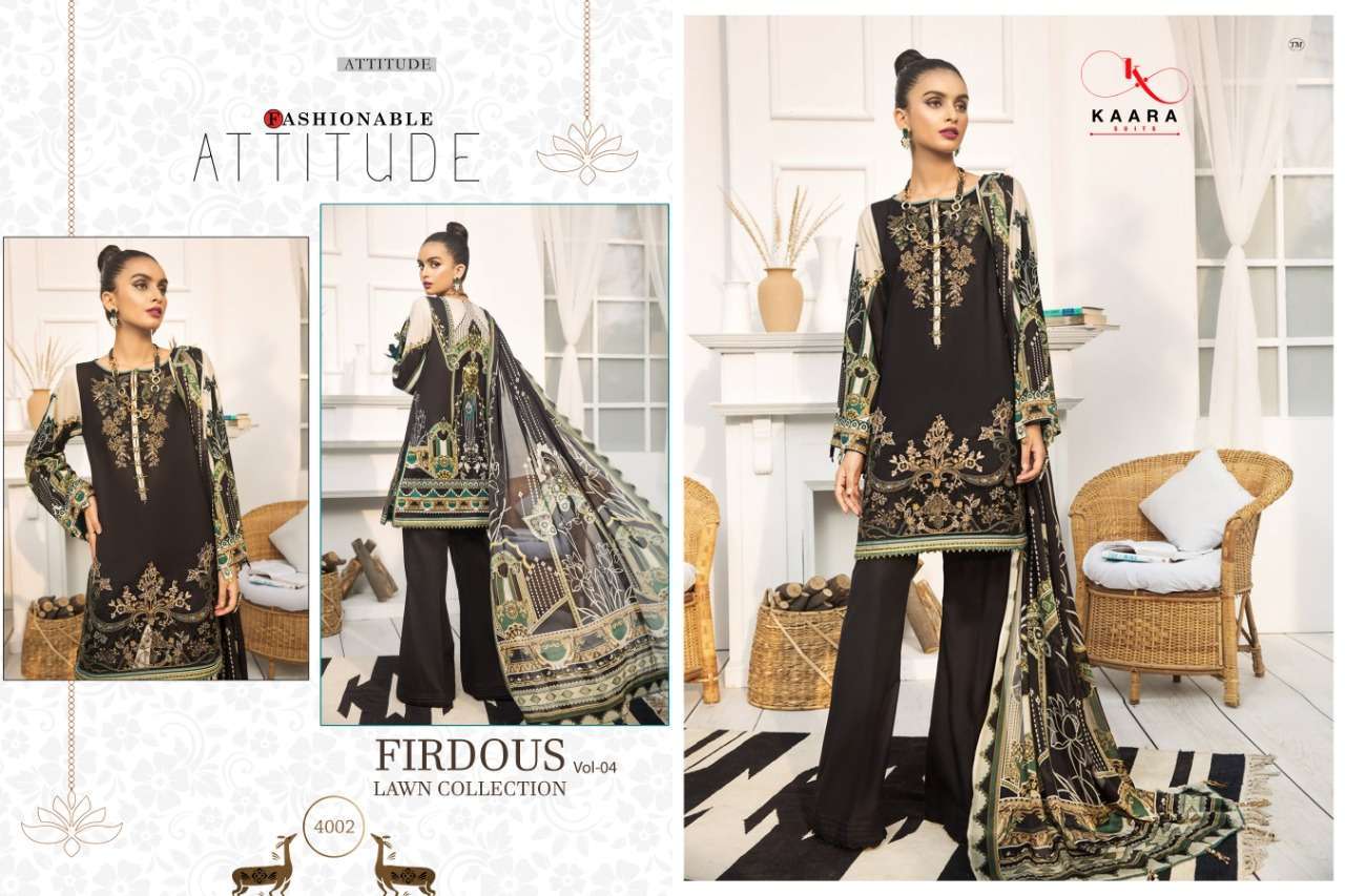 FIRDOUS LAWN COLLECTION VOL-4 BY KAARA SUITS 4001 TO 4006 SERIES BEAUTIFUL WINTER COLLECTION SUITS STYLISH FANCY COLORFUL CASUAL WEAR & ETHNIC WEAR PURE COTTON DIGITAL PRINTED WITH EMBROIDERY DRESSES AT WHOLESALE PRICE