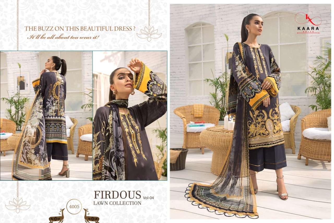 FIRDOUS LAWN COLLECTION VOL-4 BY KAARA SUITS 4001 TO 4006 SERIES BEAUTIFUL WINTER COLLECTION SUITS STYLISH FANCY COLORFUL CASUAL WEAR & ETHNIC WEAR PURE COTTON DIGITAL PRINTED WITH EMBROIDERY DRESSES AT WHOLESALE PRICE