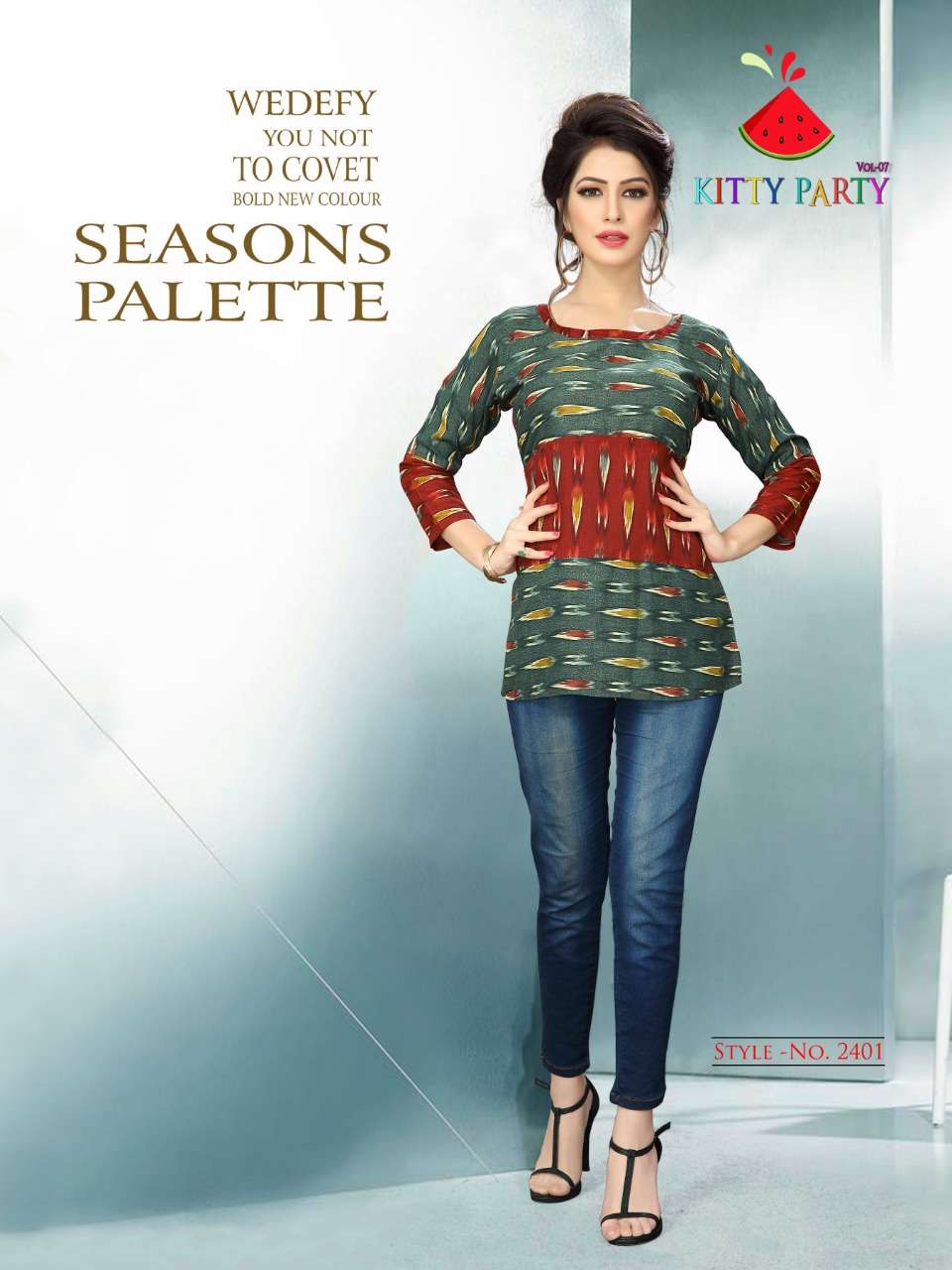 KITTY PARTY VOL-7 BY WATERMELON 2401 TO 2410 SERIES STYLISH FANCY BEAUTIFUL COLORFUL CASUAL WEAR & ETHNIC WEAR RAYON PRINTED 14 KG TOPS AT WHOLESALE PRICE
