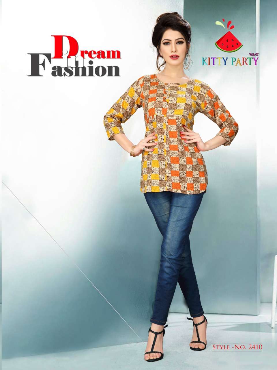 KITTY PARTY VOL-7 BY WATERMELON 2401 TO 2410 SERIES STYLISH FANCY BEAUTIFUL COLORFUL CASUAL WEAR & ETHNIC WEAR RAYON PRINTED 14 KG TOPS AT WHOLESALE PRICE