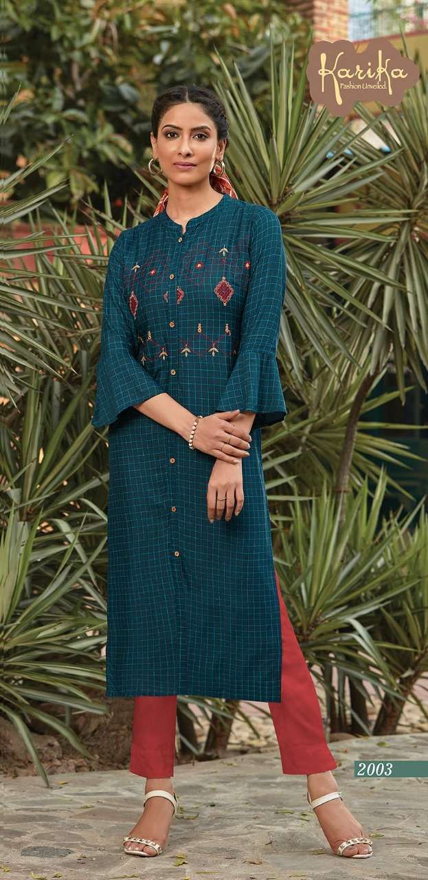 CHEX BY KARIKA 2001 TO 2006 SERIES STYLISH FANCY BEAUTIFUL COLORFUL CASUAL WEAR & ETHNIC WEAR VISCOSE RAYON PRINTED WITH EMBROIDERY KURTIS AT WHOLESALE PRICE