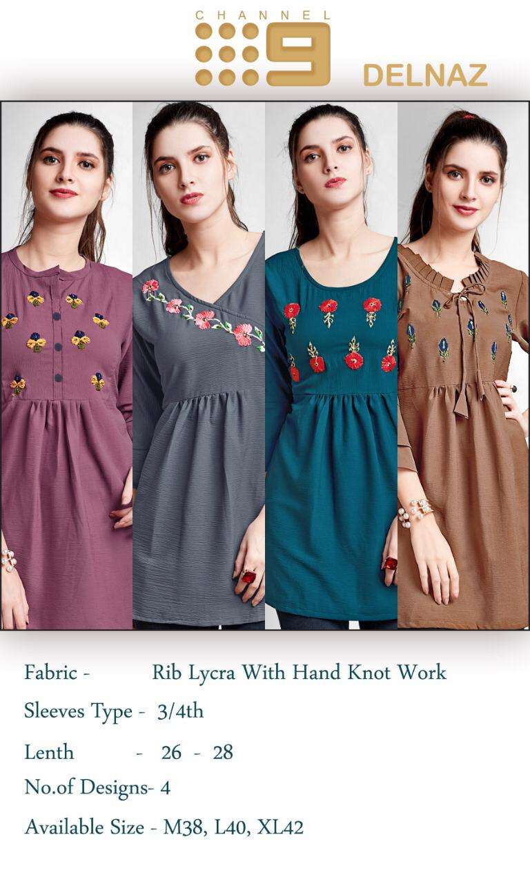 DELNAZ BY C9 01 TO 04 SERIES STYLISH FANCY BEAUTIFUL COLORFUL CASUAL WEAR & ETHNIC WEAR RIB LYCRA KURTIS AT WHOLESALE PRICE