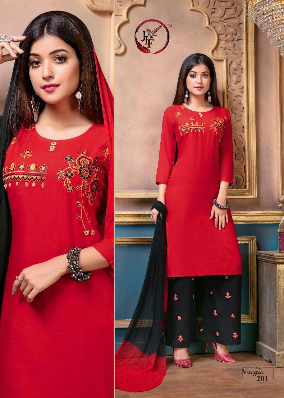 NARGIS VOL-2 BY JLF 201 TO 208 SERIES BEAUTIFUL STYLISH FANCY COLORFUL PARTY WEAR & ETHNIC WEAR RAYON SLUB WITH EMBROIDERED DRESSES AT WHOLESALE PRICE