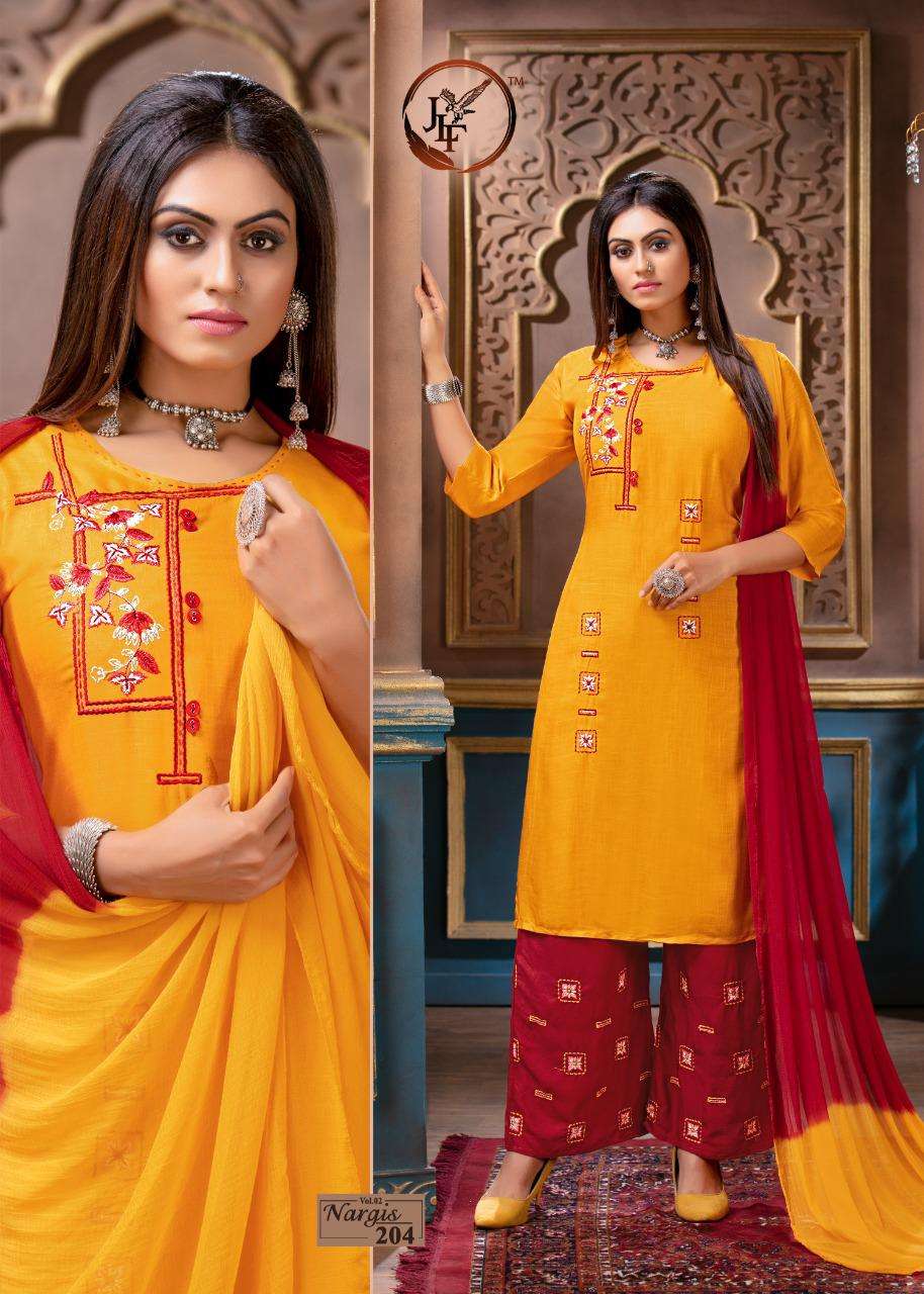 NARGIS VOL-2 BY JLF 201 TO 208 SERIES BEAUTIFUL STYLISH FANCY COLORFUL PARTY WEAR & ETHNIC WEAR RAYON SLUB WITH EMBROIDERED DRESSES AT WHOLESALE PRICE