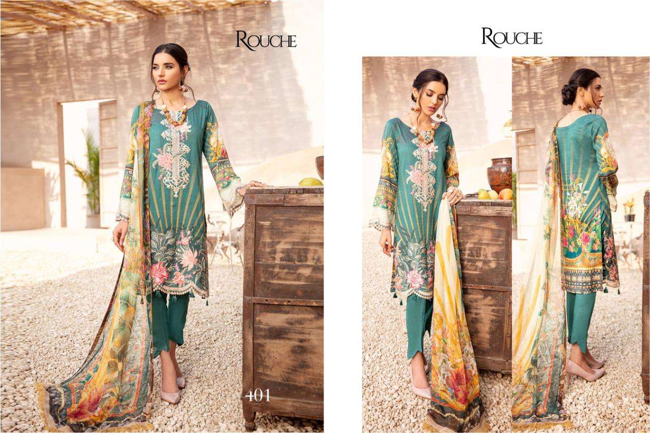 CHEVRON BY ROUCHE 401 TO 404 SERIES DESIGNER PAKISTANI SUITS BEAUTIFUL STYLISH FANCY COLORFUL PARTY WEAR & OCCASIONAL WEAR HEAVY COTTON JAM SATIN PRINT WITH EMBROIDERY DRESSES AT WHOLESALE PRICE