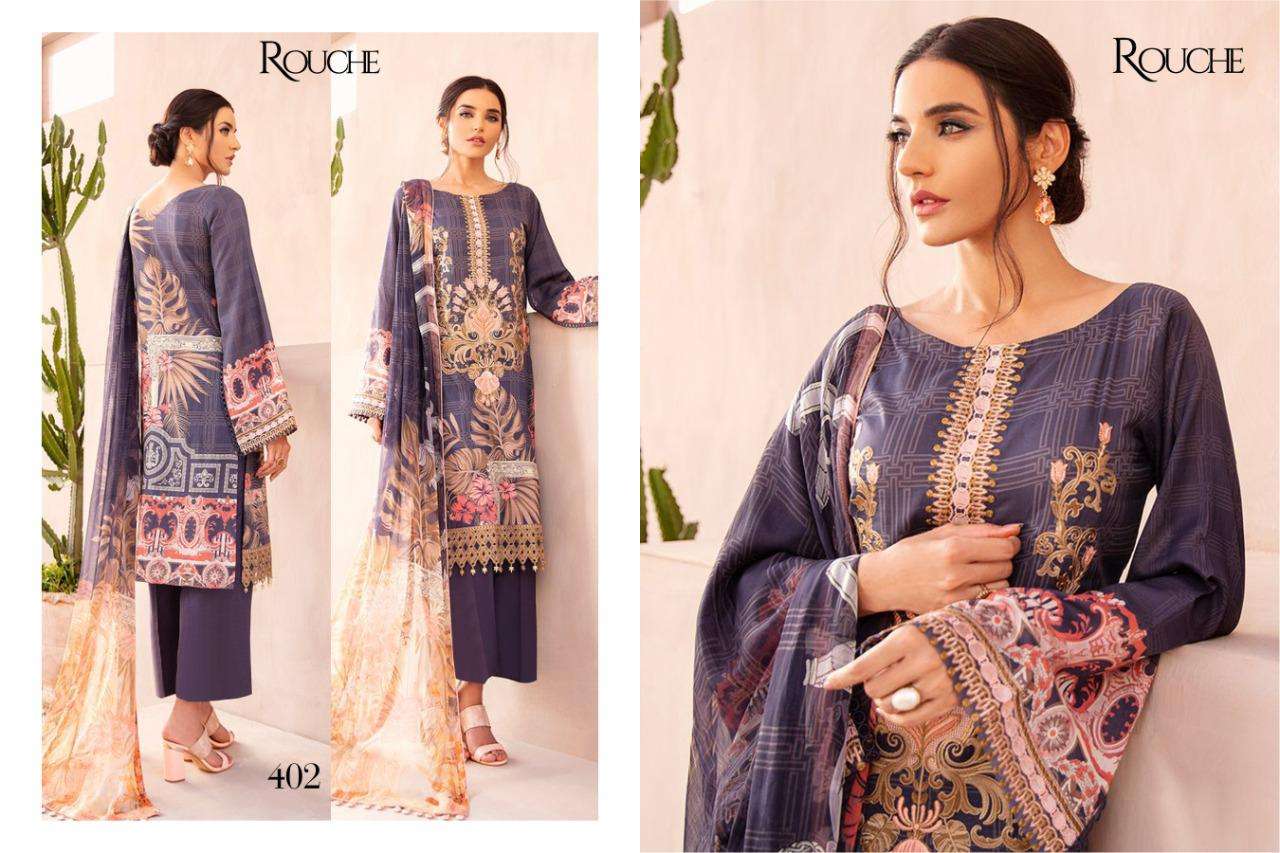 CHEVRON BY ROUCHE 401 TO 404 SERIES DESIGNER PAKISTANI SUITS BEAUTIFUL STYLISH FANCY COLORFUL PARTY WEAR & OCCASIONAL WEAR HEAVY COTTON JAM SATIN PRINT WITH EMBROIDERY DRESSES AT WHOLESALE PRICE