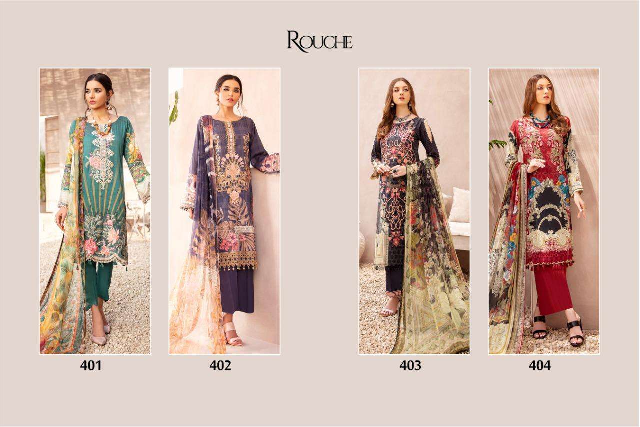 CHEVRON BY ROUCHE 401 TO 404 SERIES DESIGNER PAKISTANI SUITS BEAUTIFUL STYLISH FANCY COLORFUL PARTY WEAR & OCCASIONAL WEAR HEAVY COTTON JAM SATIN PRINT WITH EMBROIDERY DRESSES AT WHOLESALE PRICE