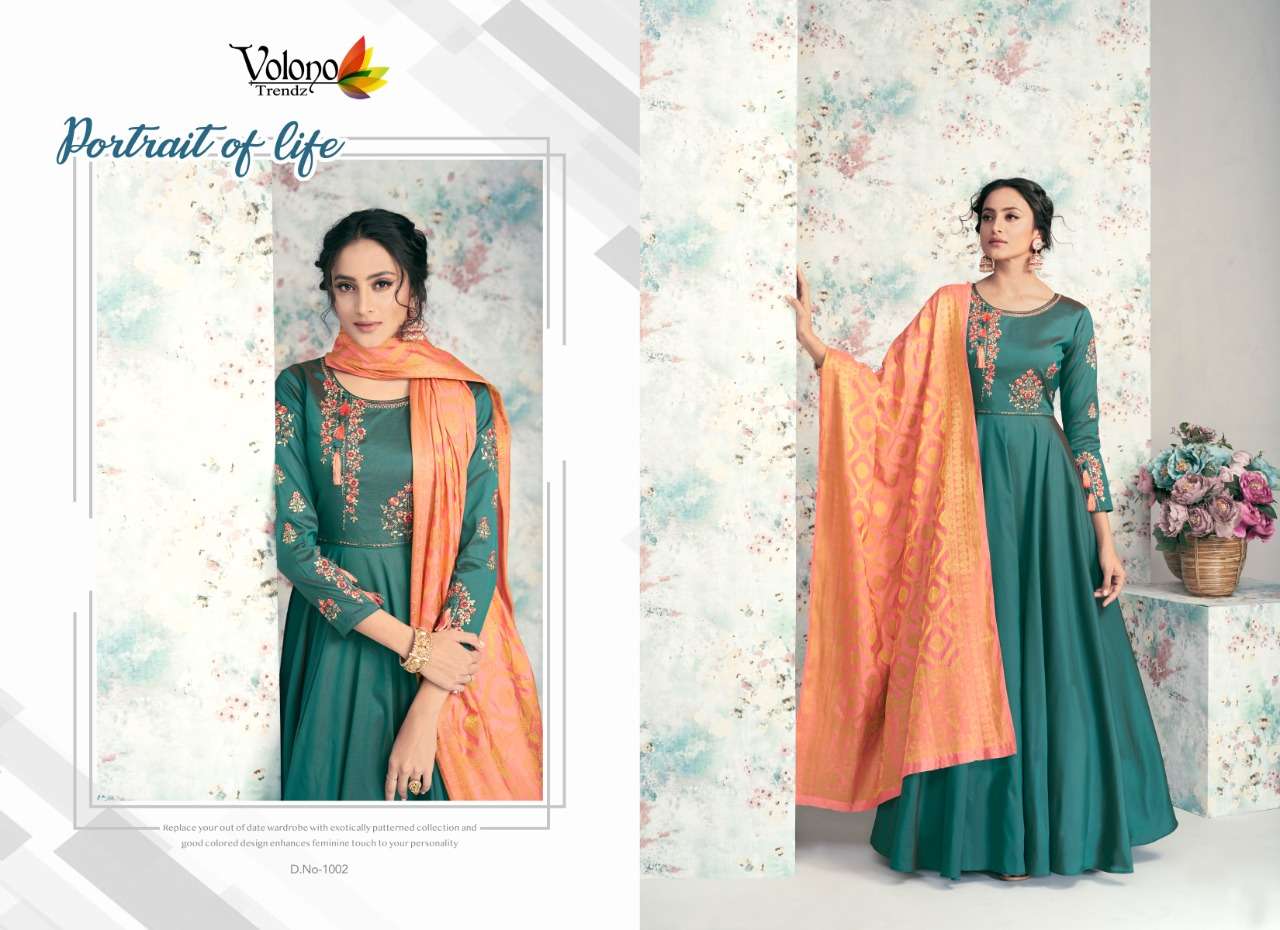 POSHAK VOL-2 BY VOLONO TRENDZ 1001 TO 1006 SERIES DESIGNER ANARKALI SUITS BEAUTIFUL FANCY STYLISH COLORFUL PARTY WEAR & OCCASIONAL WEAR HEAVY SATIN TAFETA WITH WORK DRESSES AT WHOLESALE PRICE