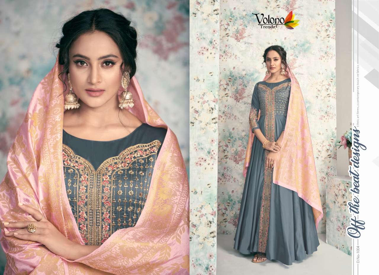 POSHAK VOL-2 BY VOLONO TRENDZ 1001 TO 1006 SERIES DESIGNER ANARKALI SUITS BEAUTIFUL FANCY STYLISH COLORFUL PARTY WEAR & OCCASIONAL WEAR HEAVY SATIN TAFETA WITH WORK DRESSES AT WHOLESALE PRICE