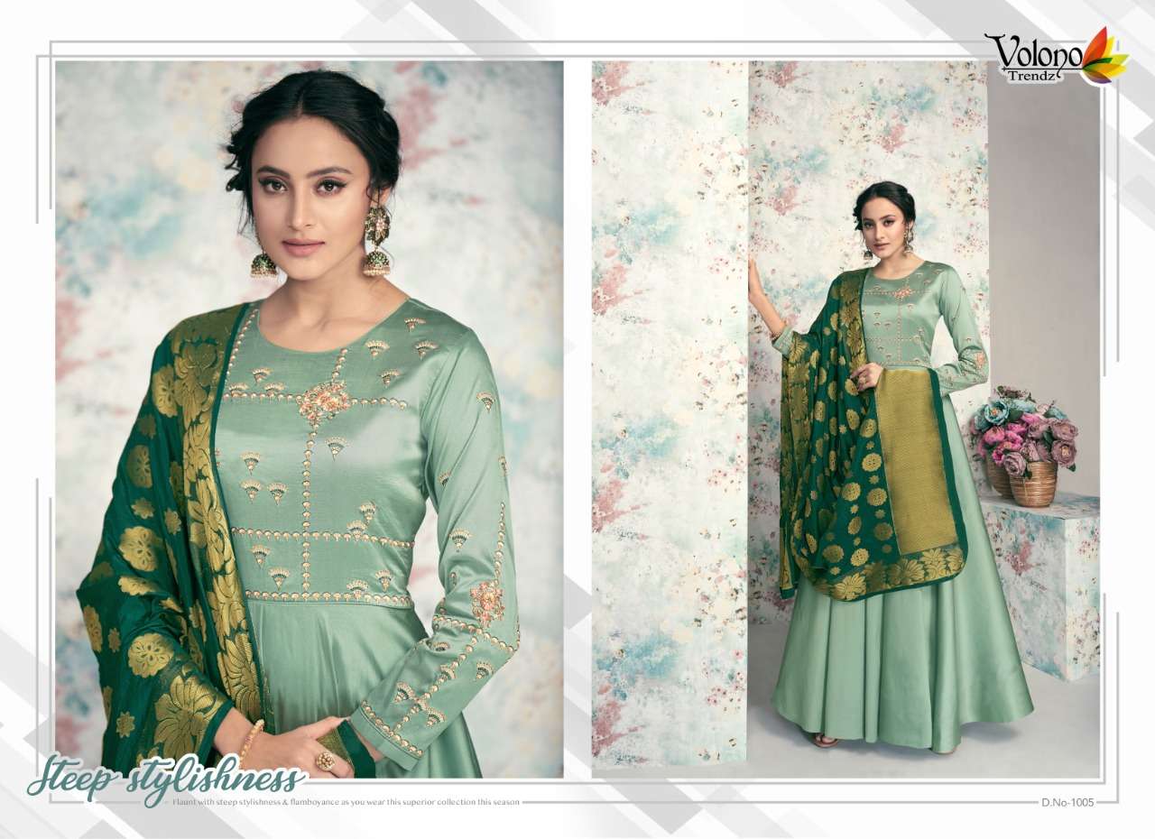POSHAK VOL-2 BY VOLONO TRENDZ 1001 TO 1006 SERIES DESIGNER ANARKALI SUITS BEAUTIFUL FANCY STYLISH COLORFUL PARTY WEAR & OCCASIONAL WEAR HEAVY SATIN TAFETA WITH WORK DRESSES AT WHOLESALE PRICE