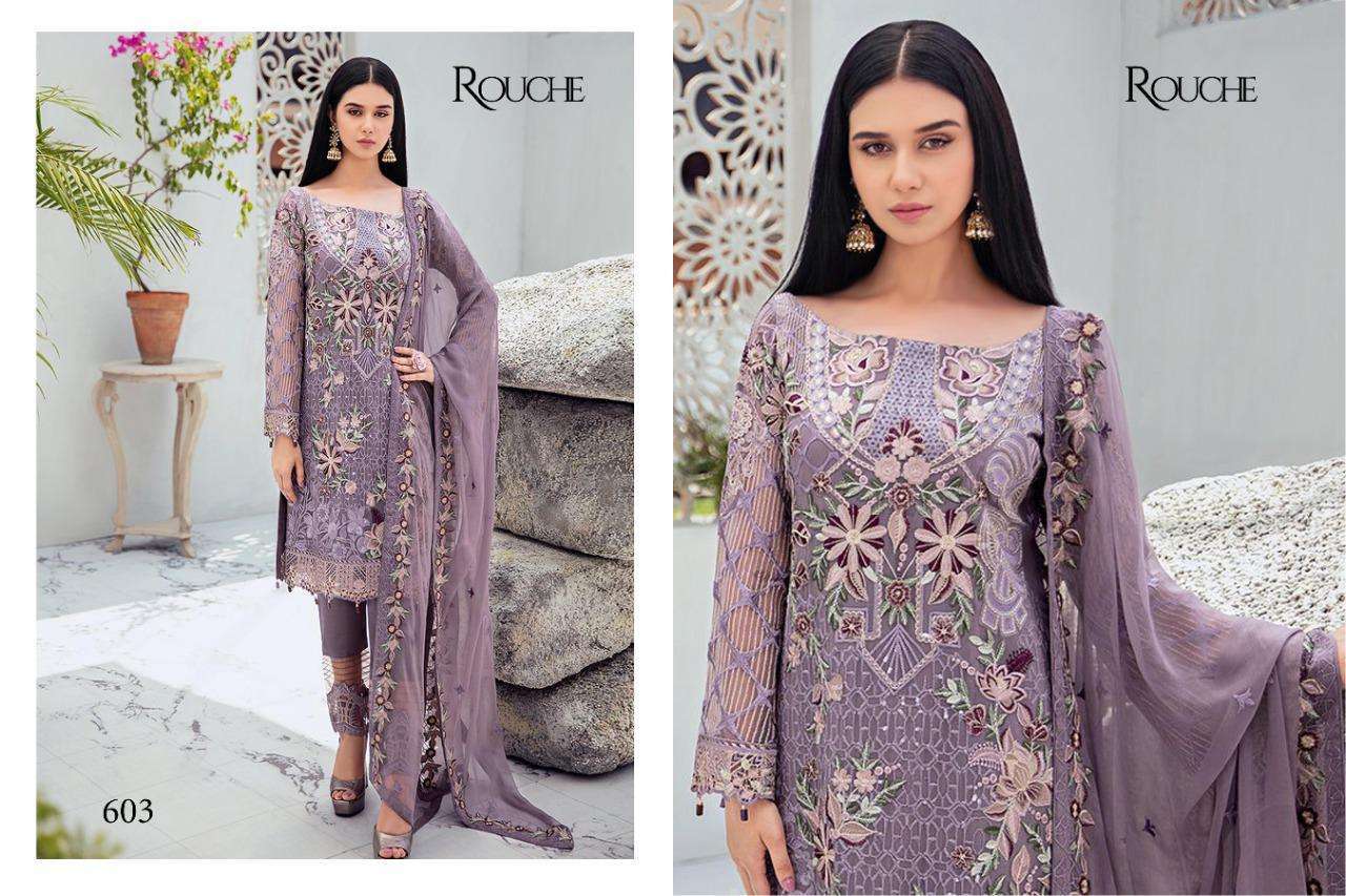 RANGOON BY ROUCHE 601 TO 604 SERIES BEAUTIFUL SUITS COLORFUL STYLISH FANCY CASUAL WEAR & ETHNIC WEAR HEAVY FAUX GEORGETTE WITH EMBROIDERY DRESSES AT WHOLESALE PRICE