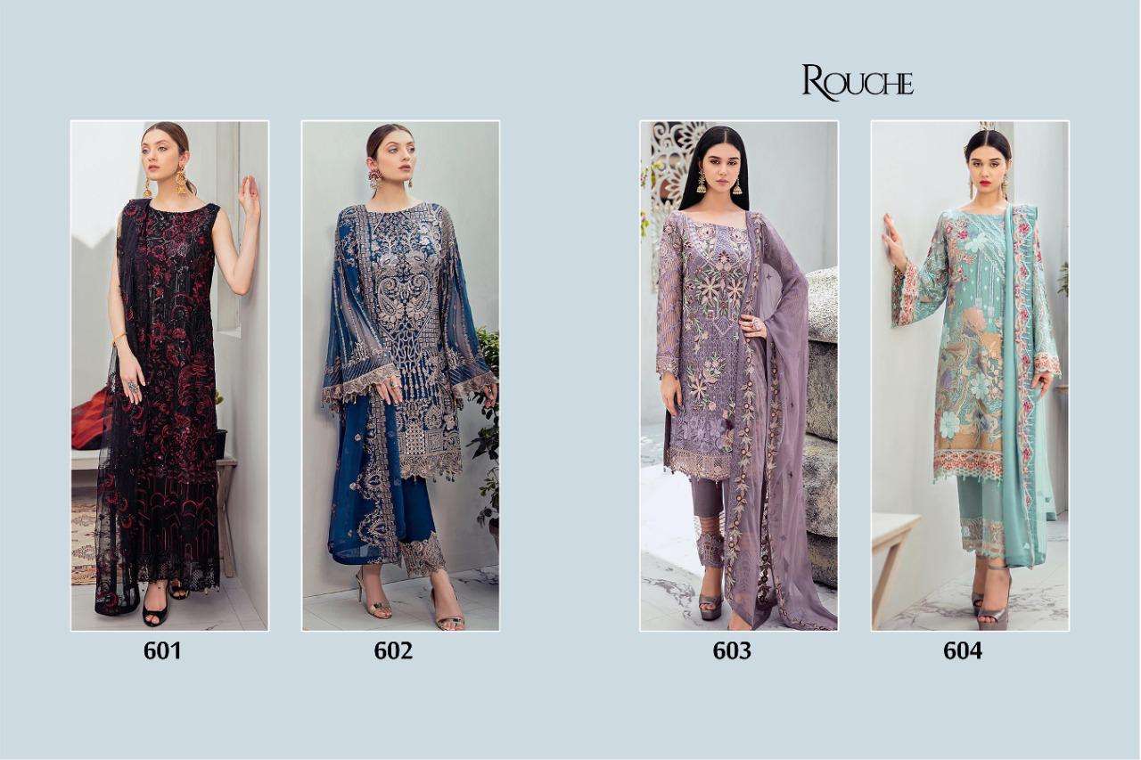 RANGOON BY ROUCHE 601 TO 604 SERIES BEAUTIFUL SUITS COLORFUL STYLISH FANCY CASUAL WEAR & ETHNIC WEAR HEAVY FAUX GEORGETTE WITH EMBROIDERY DRESSES AT WHOLESALE PRICE