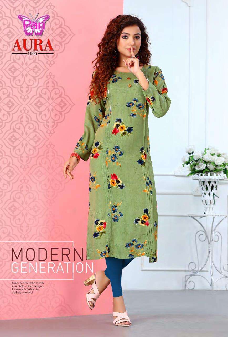 AURA BY PARI 1001 TO 1005 SERIES BEAUTIFUL COLORFUL STYLISH FANCY CASUAL WEAR & READY TO WEAR RAYON 13 KG PRINTED KURTIS AT WHOLESALE PRICE