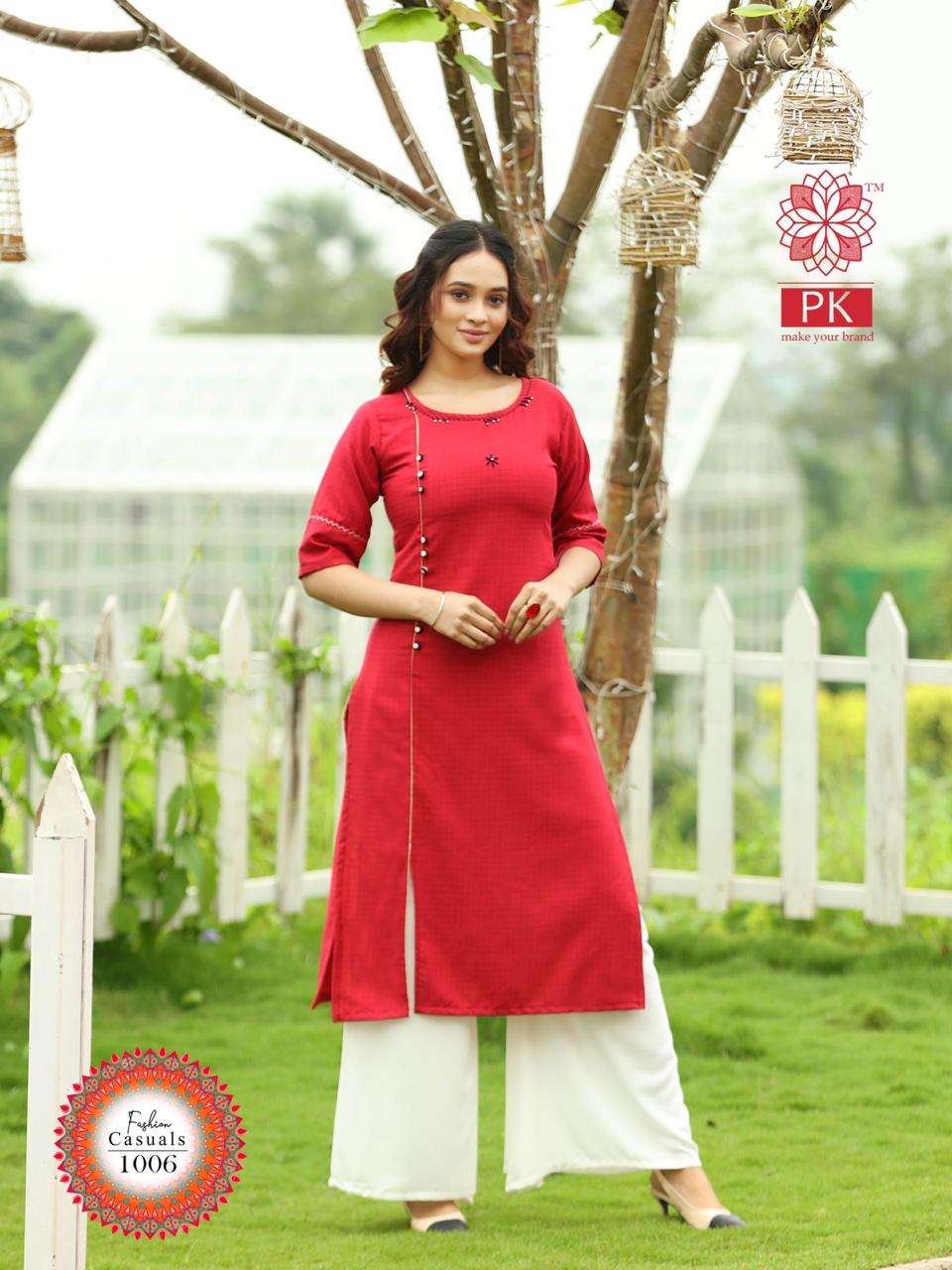 FASHION CASUAL BY PK 1001 TO 1006 SERIES BEAUTIFUL COLORFUL STYLISH FANCY CASUAL WEAR & READY TO WEAR RAYON WEAVED SMALL CHEX PRINTED KURTIS AT WHOLESALE PRICE