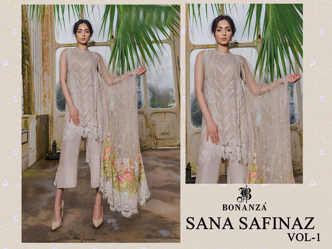 SANA SAFINAZ VOL-1 BY BONANZA 1001 TO 1004 SERIES BEAUTIFUL SUITS COLORFUL STYLISH FANCY CASUAL WEAR & ETHNIC WEAR HEAVY LAWN COTTON WITH EMBROIDERY DRESSES AT WHOLESALE PRICE