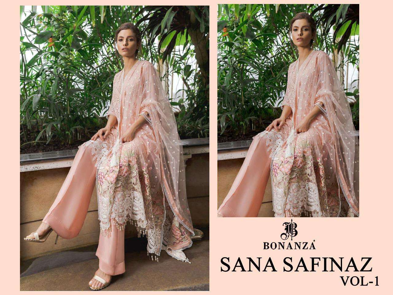 SANA SAFINAZ VOL-1 BY BONANZA 1001 TO 1004 SERIES BEAUTIFUL SUITS COLORFUL STYLISH FANCY CASUAL WEAR & ETHNIC WEAR HEAVY LAWN COTTON WITH EMBROIDERY DRESSES AT WHOLESALE PRICE