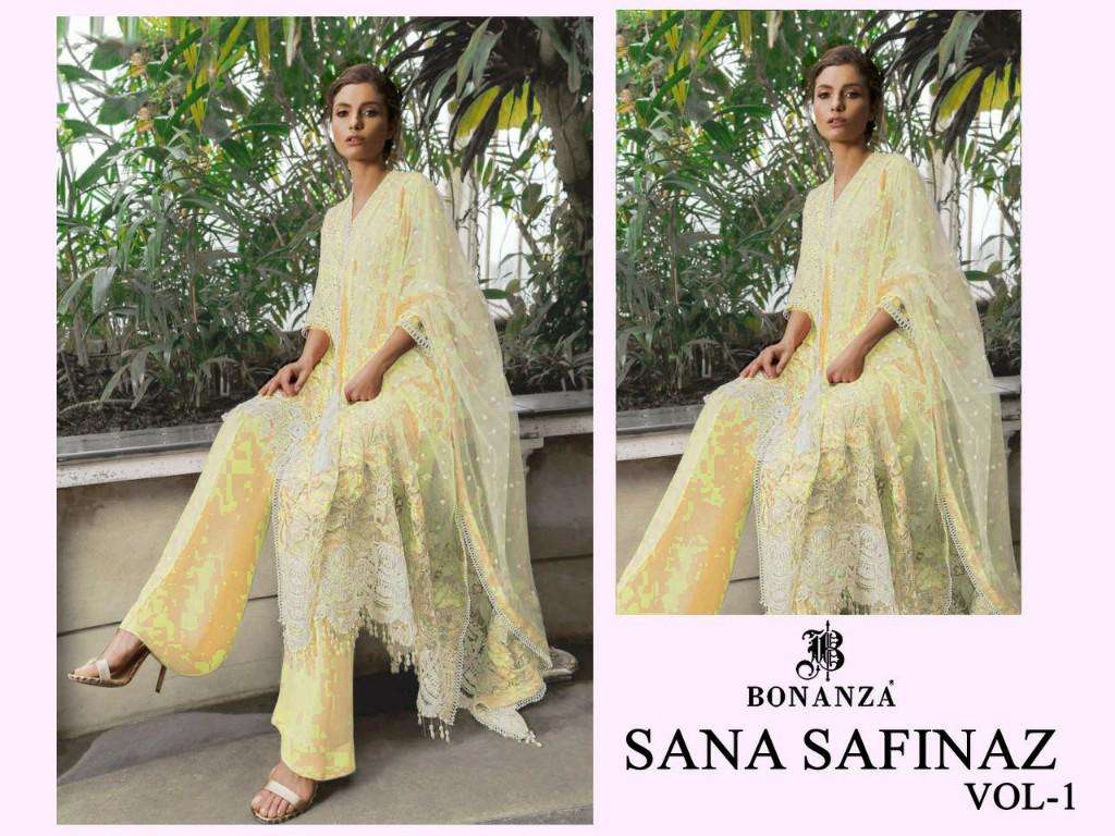 SANA SAFINAZ VOL-1 BY BONANZA 1001 TO 1004 SERIES BEAUTIFUL SUITS COLORFUL STYLISH FANCY CASUAL WEAR & ETHNIC WEAR HEAVY LAWN COTTON WITH EMBROIDERY DRESSES AT WHOLESALE PRICE