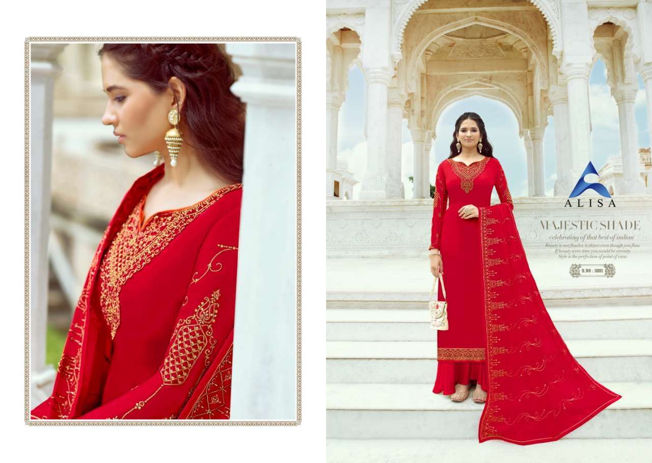 SANCHI BY ALISA 5001 TO 5006 SERIES BEAUTIFUL STYLISH PAKISATNI SUITS FANCY COLORFUL CASUAL WEAR & ETHNIC WEAR & READY TO WEAR SATIN GEORGETTE WITH WORK DRESSES AT WHOLESALE PRICE