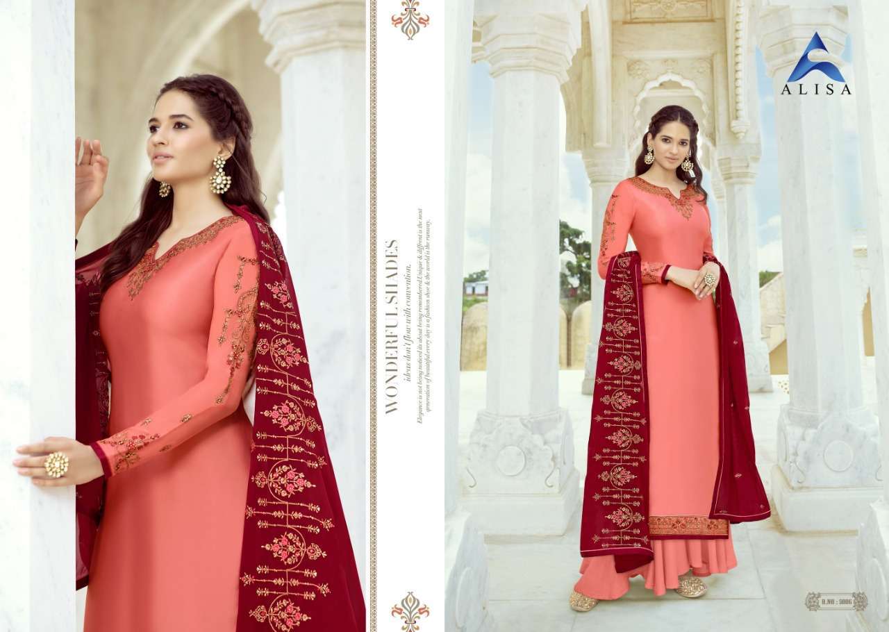 SANCHI BY ALISA 5001 TO 5006 SERIES BEAUTIFUL STYLISH PAKISATNI SUITS FANCY COLORFUL CASUAL WEAR & ETHNIC WEAR & READY TO WEAR SATIN GEORGETTE WITH WORK DRESSES AT WHOLESALE PRICE